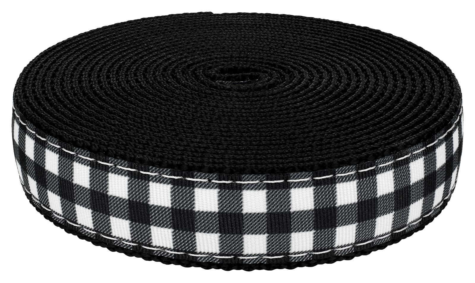 Country Brook Design Country Brook Design - Black & White Buffalo Plaid Ribbon on Black Nylon Webbing (1 Inch, 20 Yards)