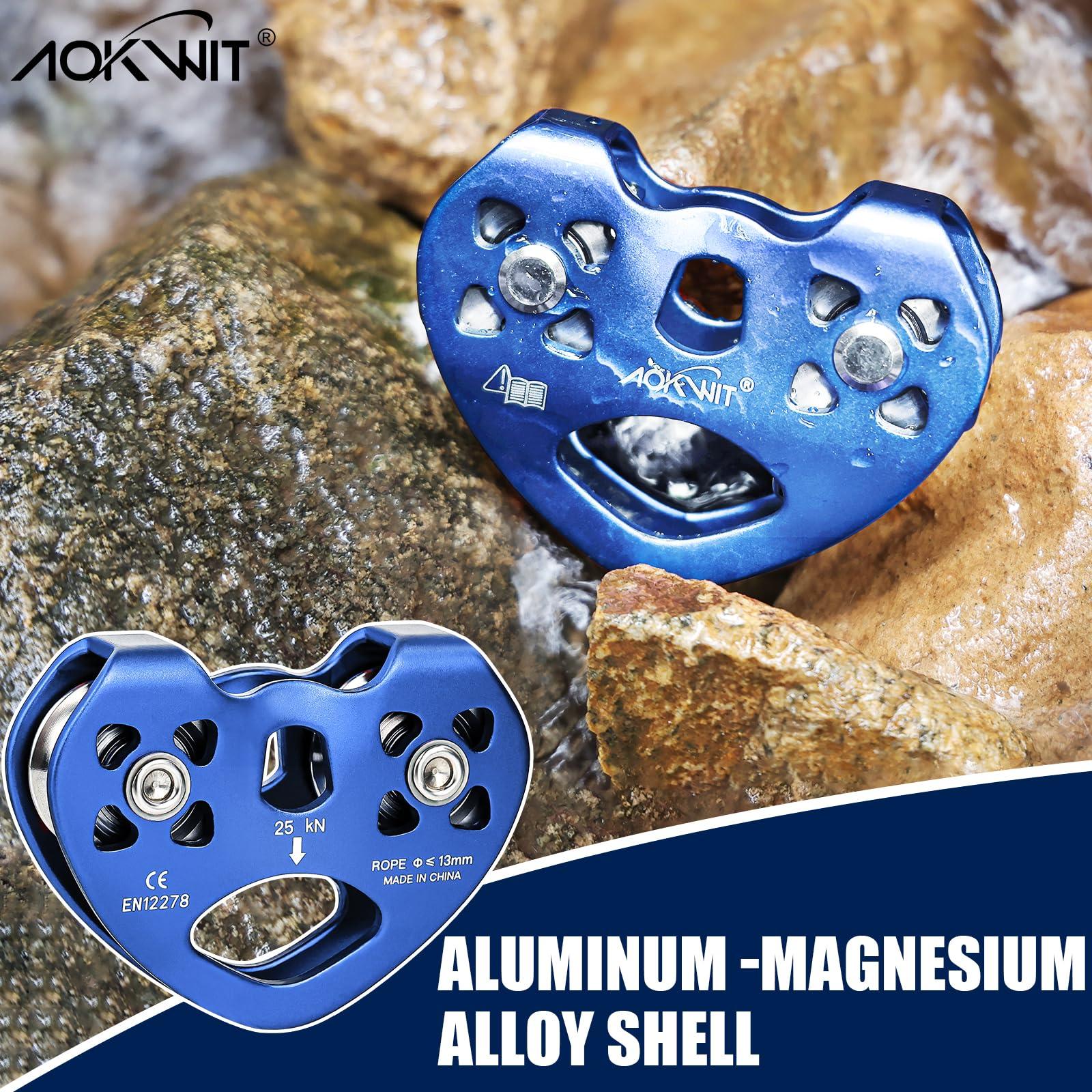 AOKWIT Zip Line Pulley 8-13mm Climbing Pulley Cable Rope Durable Aluminum Stainless Steel Roller Double Tandem Speed Dual Pulley 25KN for Backyard Zipline Hauling Rigging Mountaineering Rescue Climbing Gear
