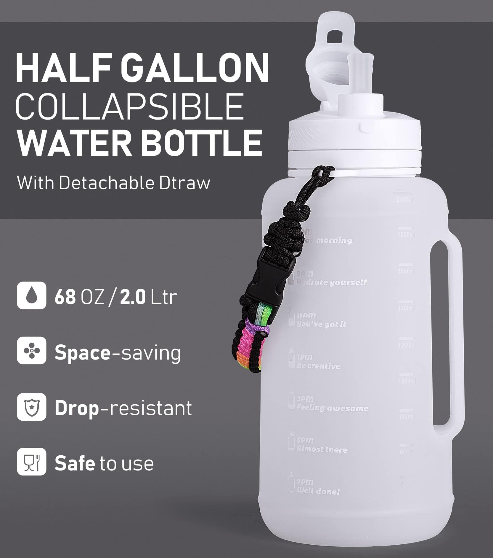 TakeToday TakeToday 68 oz Collapsible Water Bottles With Straw, Half Gallon Water Bottle With Motivational Time Marker, Large Reusable Silicone Water Jug With Paracord Handle For Sports, Outdoors (White)
