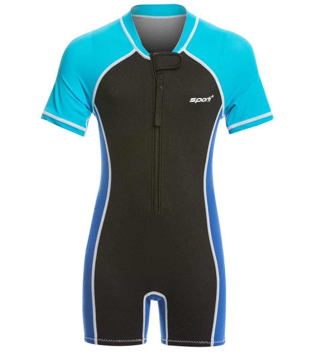 Sporti Sporti Kids Full Wetsuits - Seaskin Wetsuit for Boys Girls - Neoprene Thermal Swimsuits for Swim Practice - Short Sleeve Thermal Swimsuit - 1.5mm UPF 50 Short Sleeve Solid - Black/Blue - 2T
