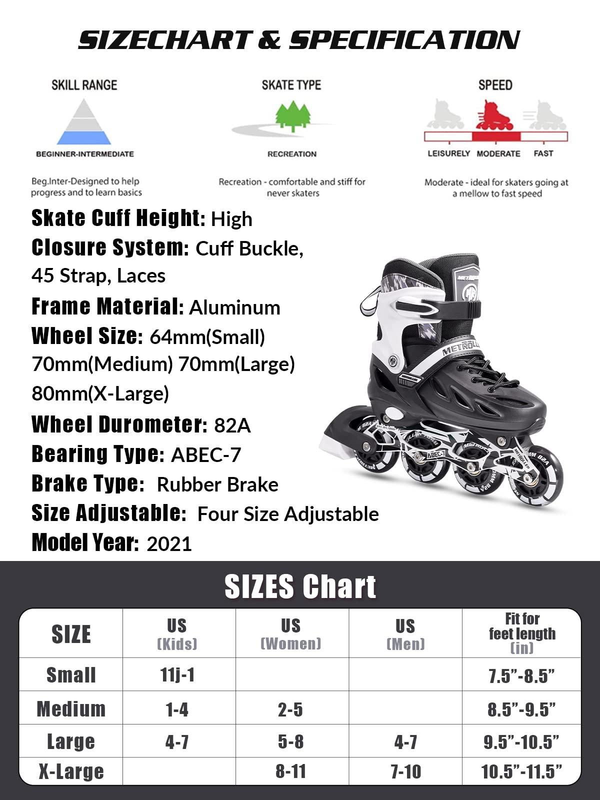 METROLLER METROLLER Inline Skates for Girls and Boys, Women, Men 4 Sizes Adjustable Inline Skates with Light Up Wheels, Illuminating Beginner Skates for Kids & Adult Youth.