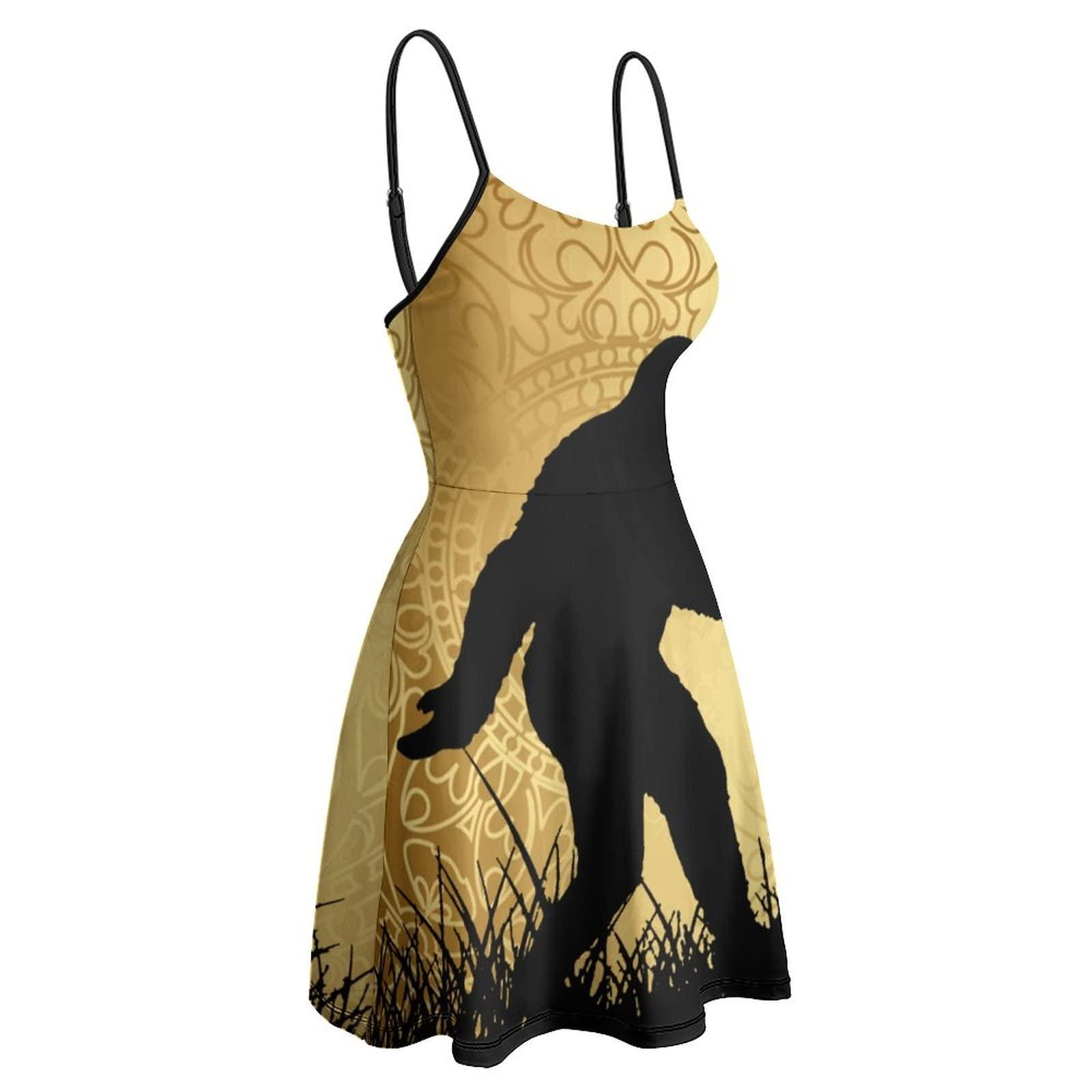 TUBIAZICOL Bigfoot Sasquatch Golden Moon Women\'s Spaghetti Strap Mini Dress Summer Printed Sleeveless