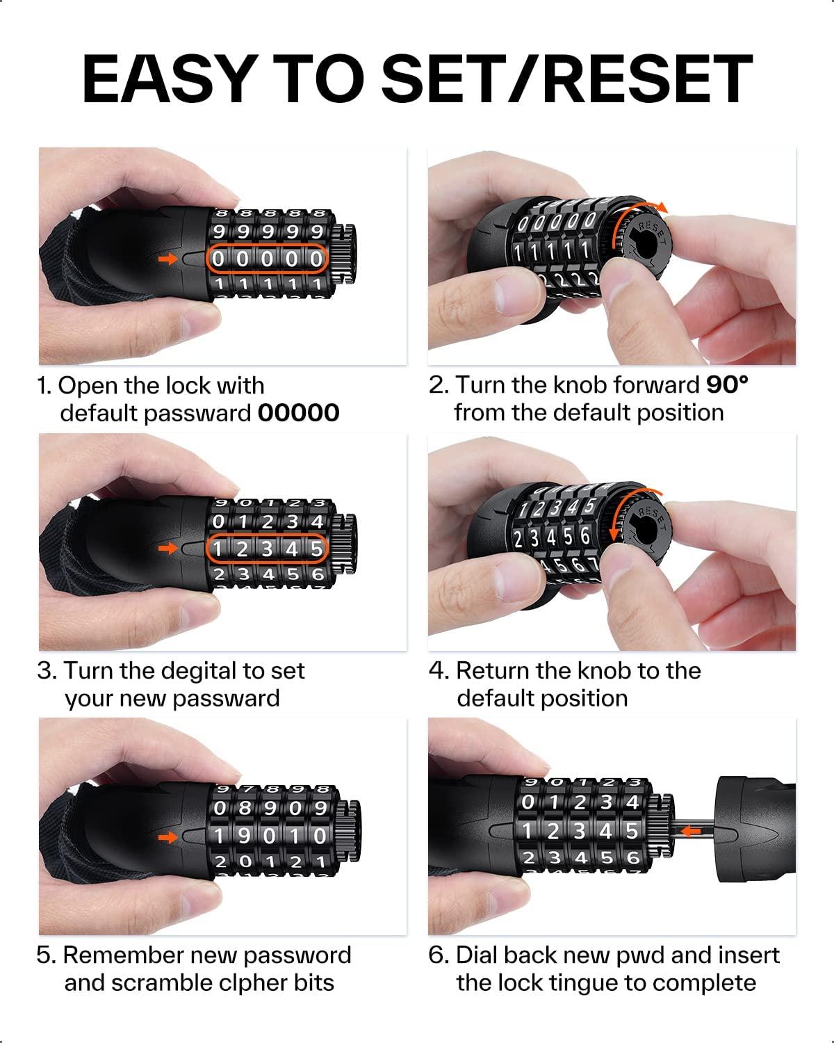 Sportneer Sportneer Bike Chain Lock Heavy Duty, Bicycle Lock with 5 Digit Combination Heavy Duty Anti Theft Keyless Security Bike Locks for Bicycle, Electric Bike, Scooter, Motorcycle, Door, Gate and Fence