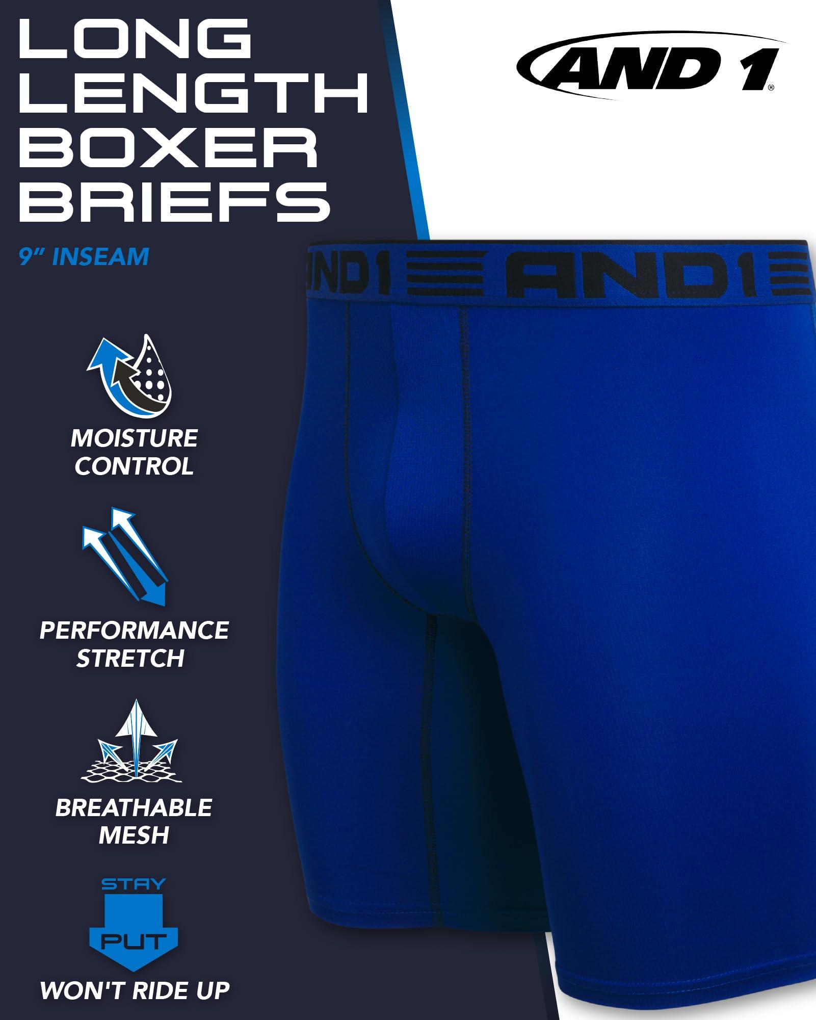 AND1 AND1 Mens Boxer Briefs - 6 Pack Stretch Long Leg Compression Underwear with Mesh Contour Pouch - Supportive Fit for Everyday Wear, Medium, Blue/Grey/Black