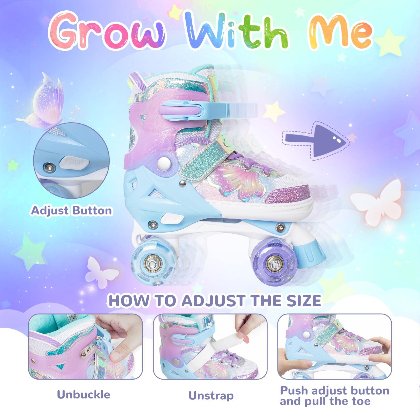 Nattork Kids Roller Skates for Girls Boys - Purple for Toddlers Age 3 4 5 - Adjustable All Light up Wheels Butterfly and Flower Indoor Outdoor Sports Birthday Gift for Son and Grandson