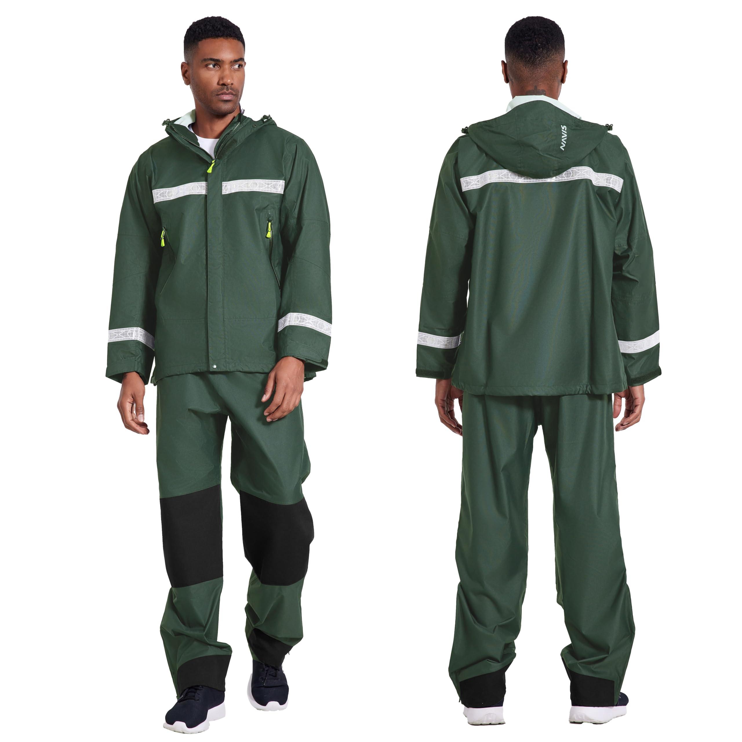 NAVIS MARINE NAVIS MARINE Rain Suit-Waterproof Jacket&Elastic Pants Combo,Lightweight Reflective Foul Weather Gear for Hiking and Fishing(Dark Green X-Large)
