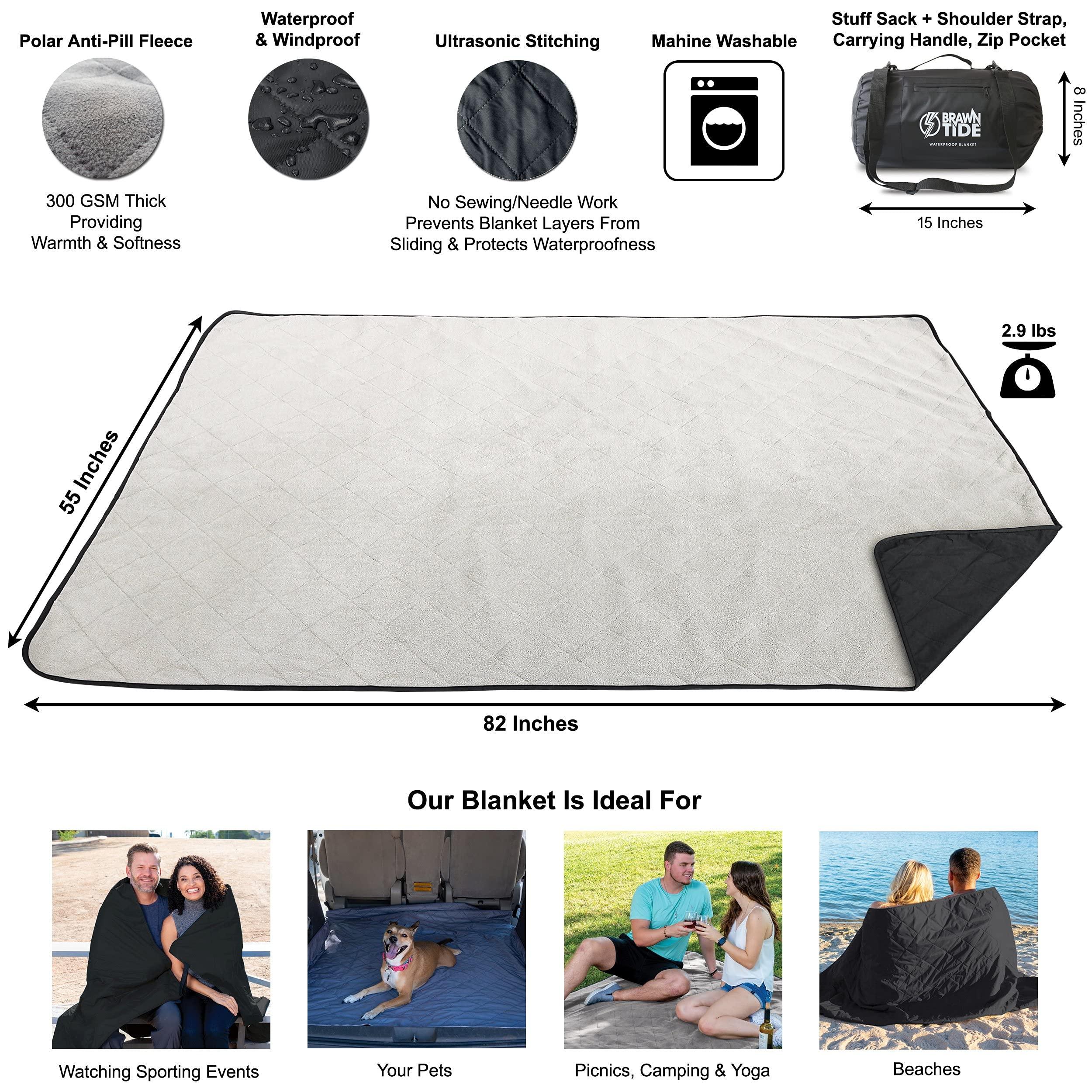 BRAWNTIDE BRAWNTIDE Large Outdoor Waterproof Blanket - Extra Thick Fleece, Warm, Windproof, Sandproof, Ideal for Camping, Picnics, Stadiums, Travel, Hiking, Pets, Dogs, Concerts, Car, SUV, Truck (Black)