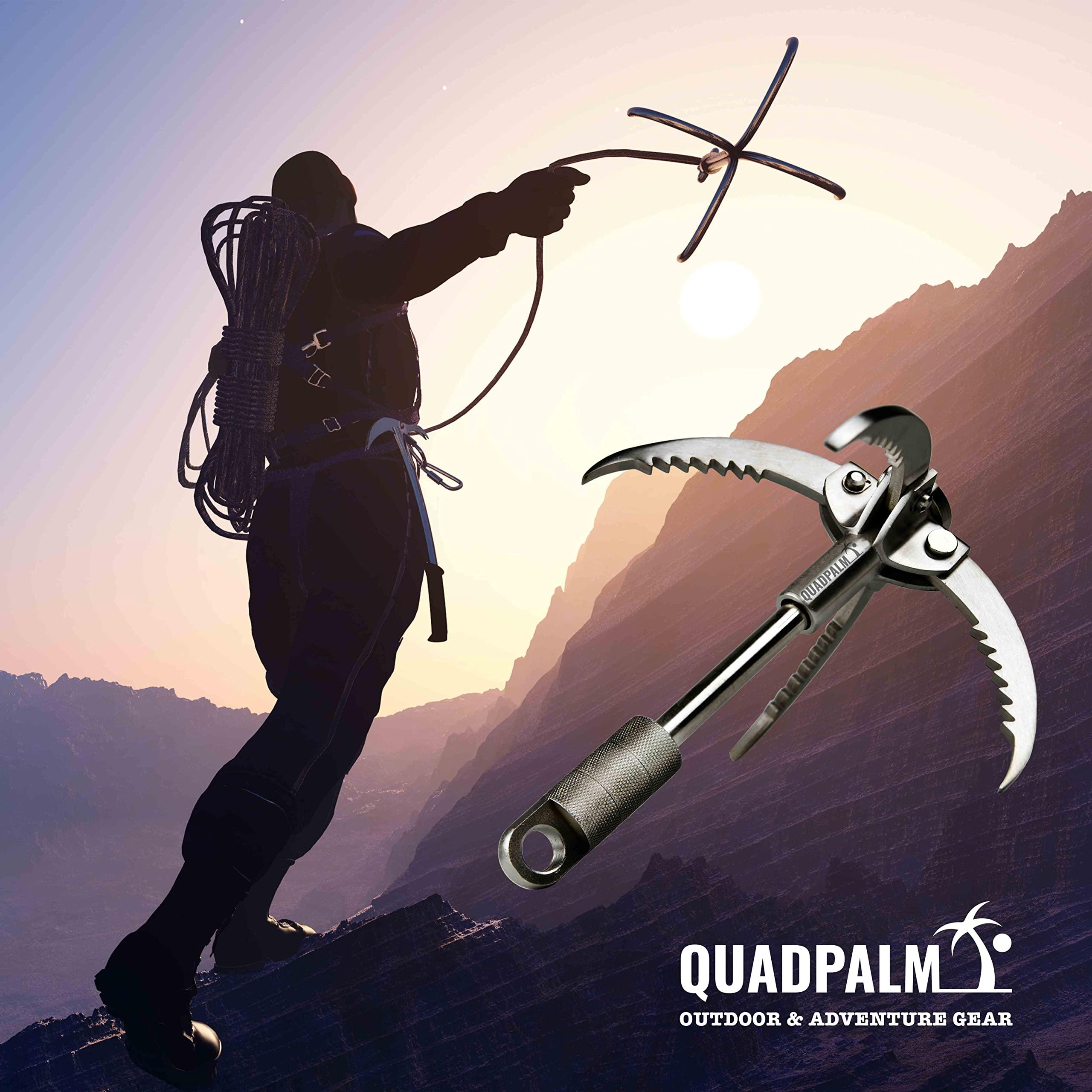 QUADPALM QUADPALM Grappling Hook and Blue Rope 10M (32ft) - Multifunctional Heavy Duty Survival Hook - 2 Locking Carabiner - 4 Stainless Steel Folding Claws - Survival Gear - Outdoors Camping Hiking Gear