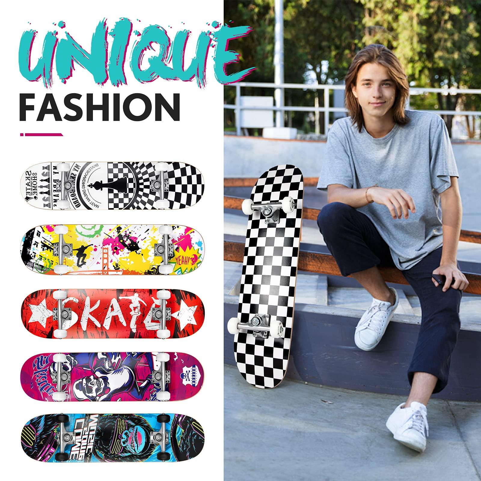 BELEEV BELEEV Skateboards for Beginners, 31 Inch Complete Skateboard for Kids Teens Adults, 7 Layer Canadian Maple Double Kick Deck Concave Cruiser Trick Skateboard (Black White)