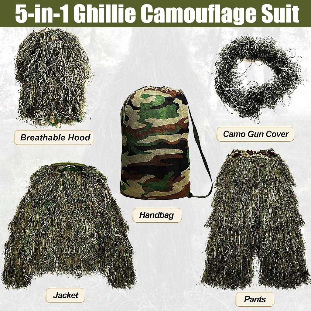MOPHOTO MOPHOTO 5 in 1 Ghillie Suit, 3D Camouflage Hunting Apparel Including Jacket, Pants, Hood, Carry Bag Suitable for Unisex Adults (S/M/L/XL/XXL)