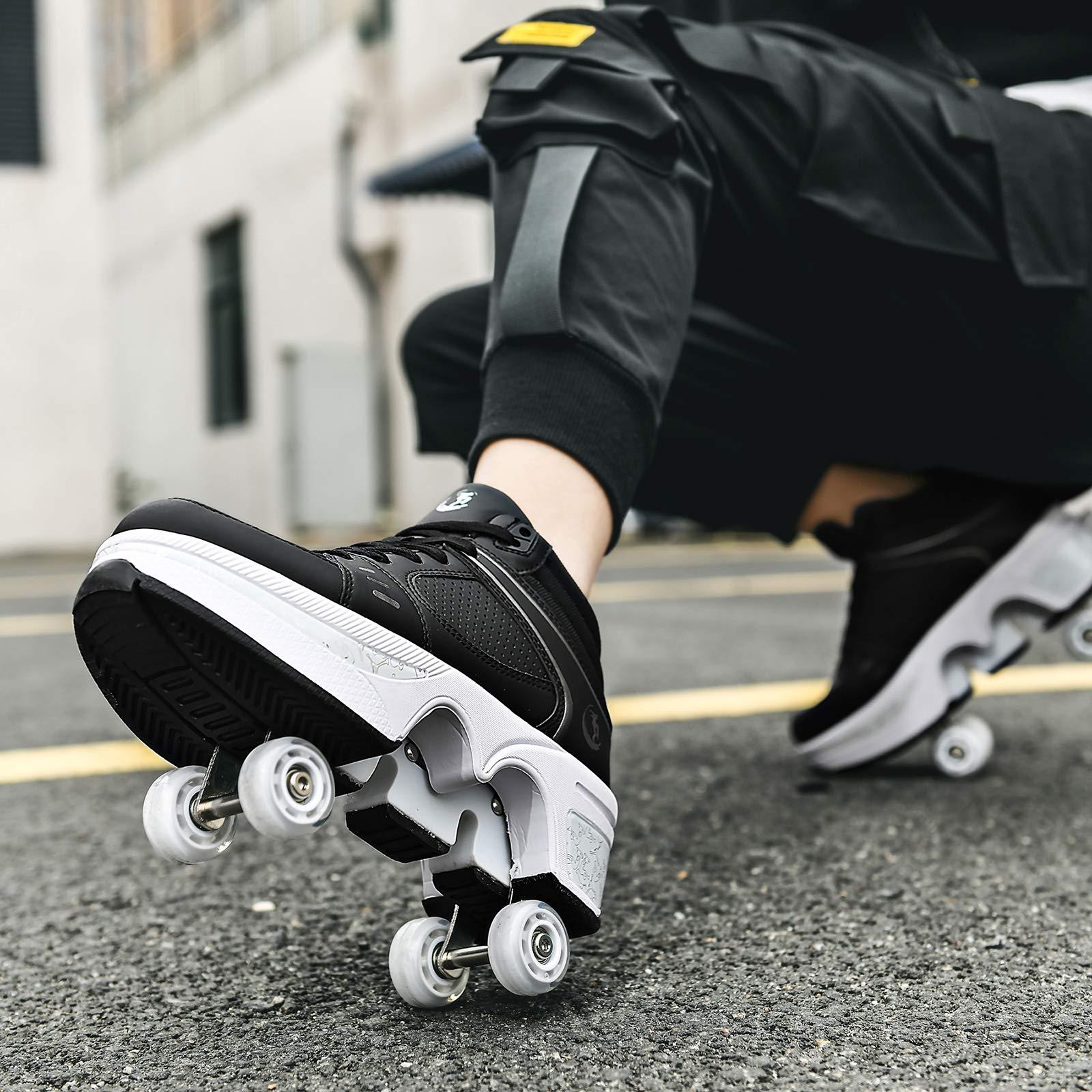 Wedsf Double-Row Deform Wheel Automatic Walking Shoes Invisible Deformation Roller Skate 2 in 1 Removable Pulley Skates Skating Parkour (Black high, US9)