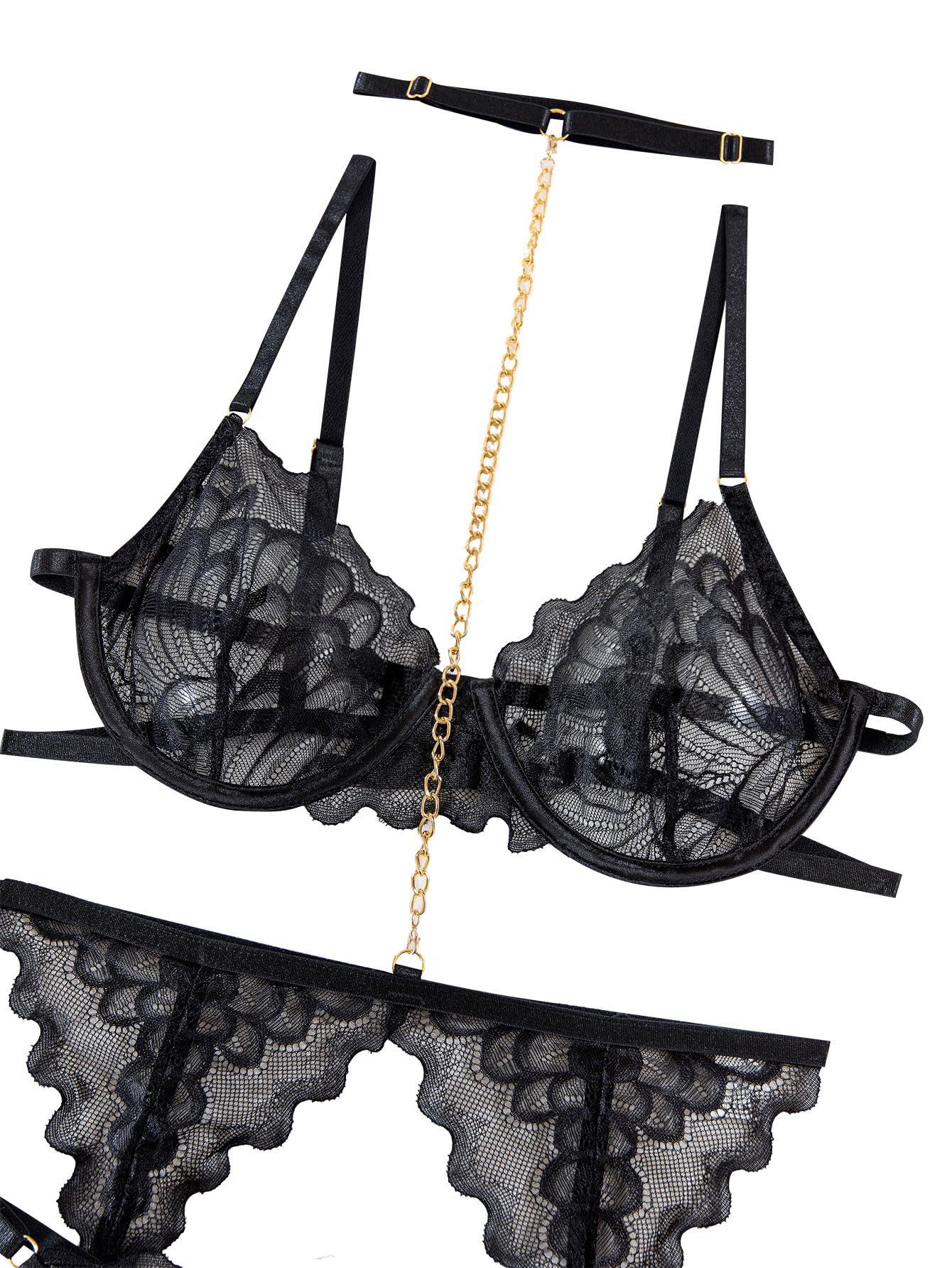 Lilosy Lilosy Sexy Choker Floral Lace Scallop Sheer Underwire Push Up Garter Belt Lingerie Set for Women See Through Bachelorette Bra and Panty 3 Piece Chain Black Medium