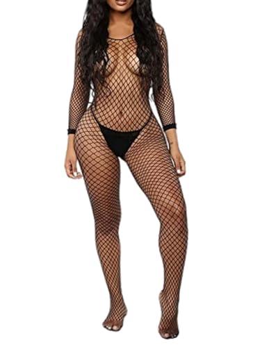 Walang Lip Walang Lip Women's Sexy Mesh BodyStocking Fishnet Lingerie Long Sleeve Bodysuits One Piece Jumpsuit Underwear Nightwear for Romantic Date Wearing (Black)