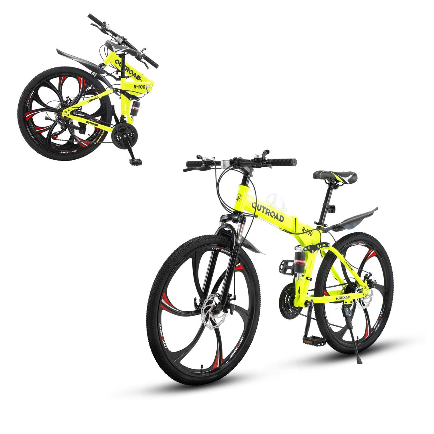 Omelaza Omelaza 26 ich Folding Mountain Bike, 21 Speed Mountain Bike for Adults, Foldable Bicycle with Dual-disc Brake System, Front Suspension Folding Bicycle for Men and Women Green