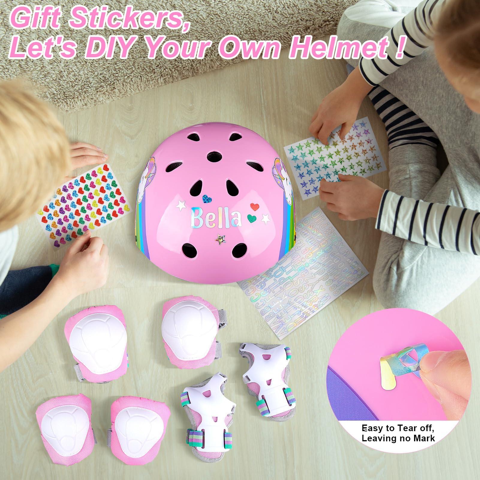 Unicorn Catcher Kids Bike Helmet, Kids Helmets Ages 5-8 with DIY Stickers Kids Knee Pads and Elbow Pads Set Unicorn Toddler Helmets Adjustable Girls Helmet for Age 3-5-8 fit Skateboarding, Roller Skates, Scooter