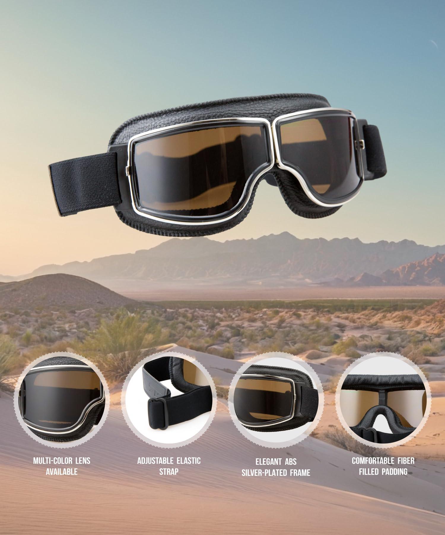 CRG Sports CRG Sports Motorcycle Goggles Vintage Aviator Pilot Style Leather Cruiser Scooter Motocross Goggles for Men, Women,Adults