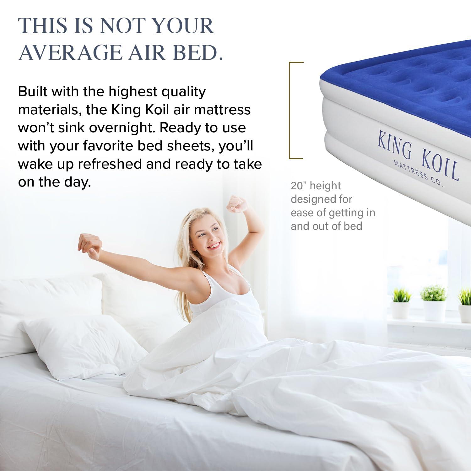King Koil King Koil Luxury Queen Air Mattress with Built-in Pillow & Ultra-Fast Built-in High-Speed Pump, 20 Inflatable Premium Airbed, Waterproof, Adjustable Firmness, 1-Year Manufacturer Warranty