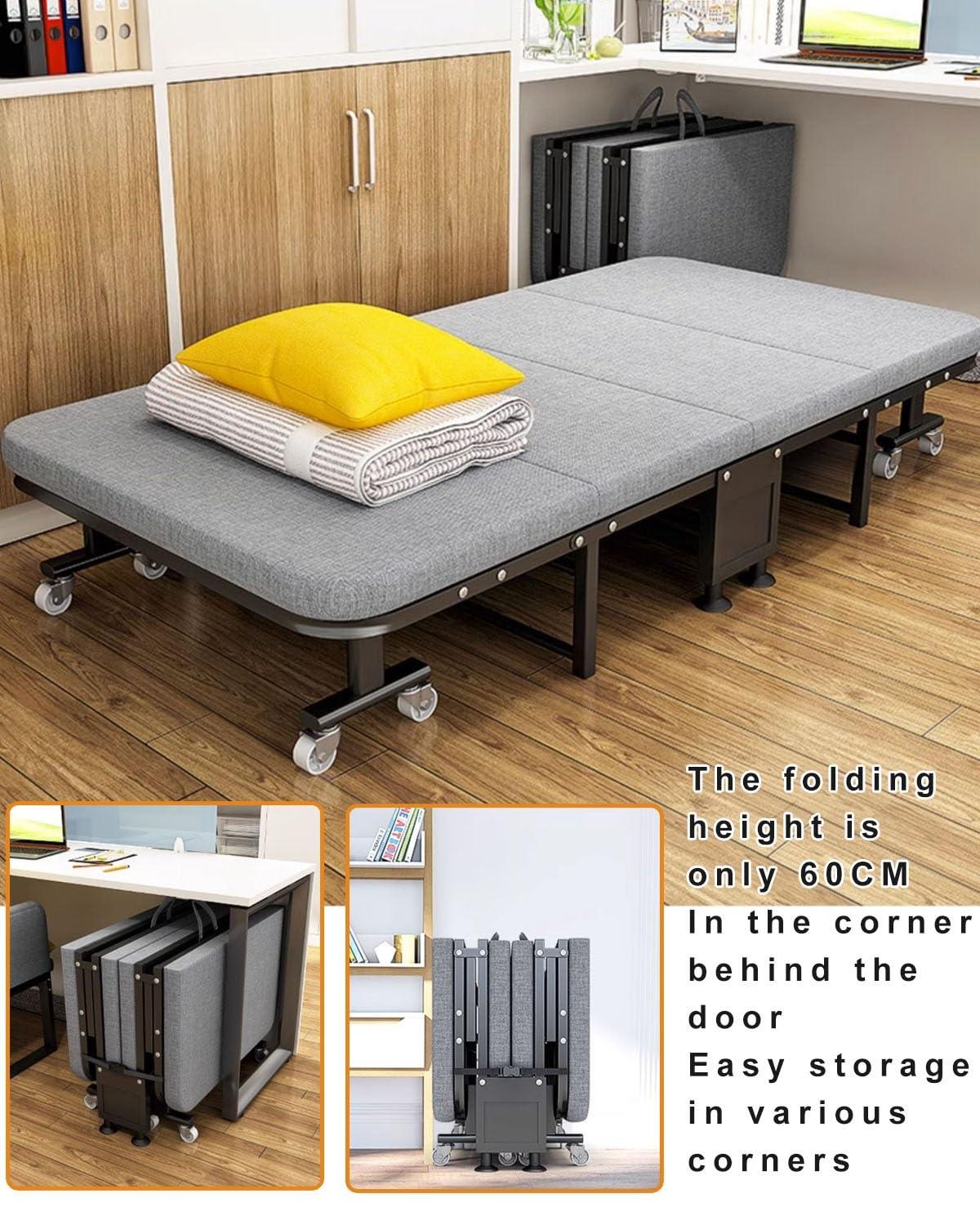 UPGENT Portable Folding Camping Cot, four fold Sleeping Cots Bed, thickened wooden Reclining Chaise, 6-speed head adjustment, folding bed with 8 universal wheels for Home, Office Nap and Outdoor ( Size : 190