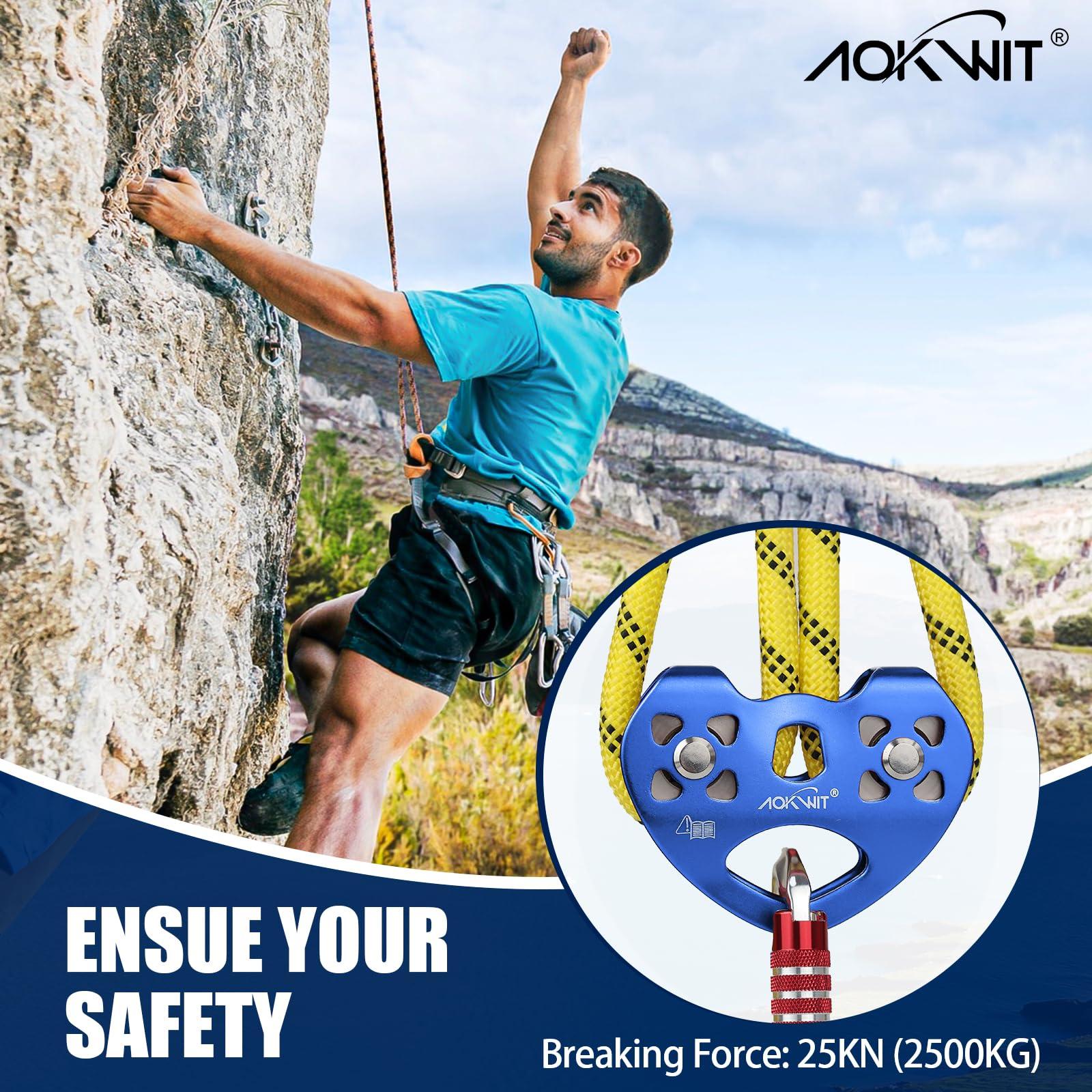 AOKWIT Zip Line Pulley 8-13mm Climbing Pulley Cable Rope Durable Aluminum Stainless Steel Roller Double Tandem Speed Dual Pulley 25KN for Backyard Zipline Hauling Rigging Mountaineering Rescue Climbing Gear