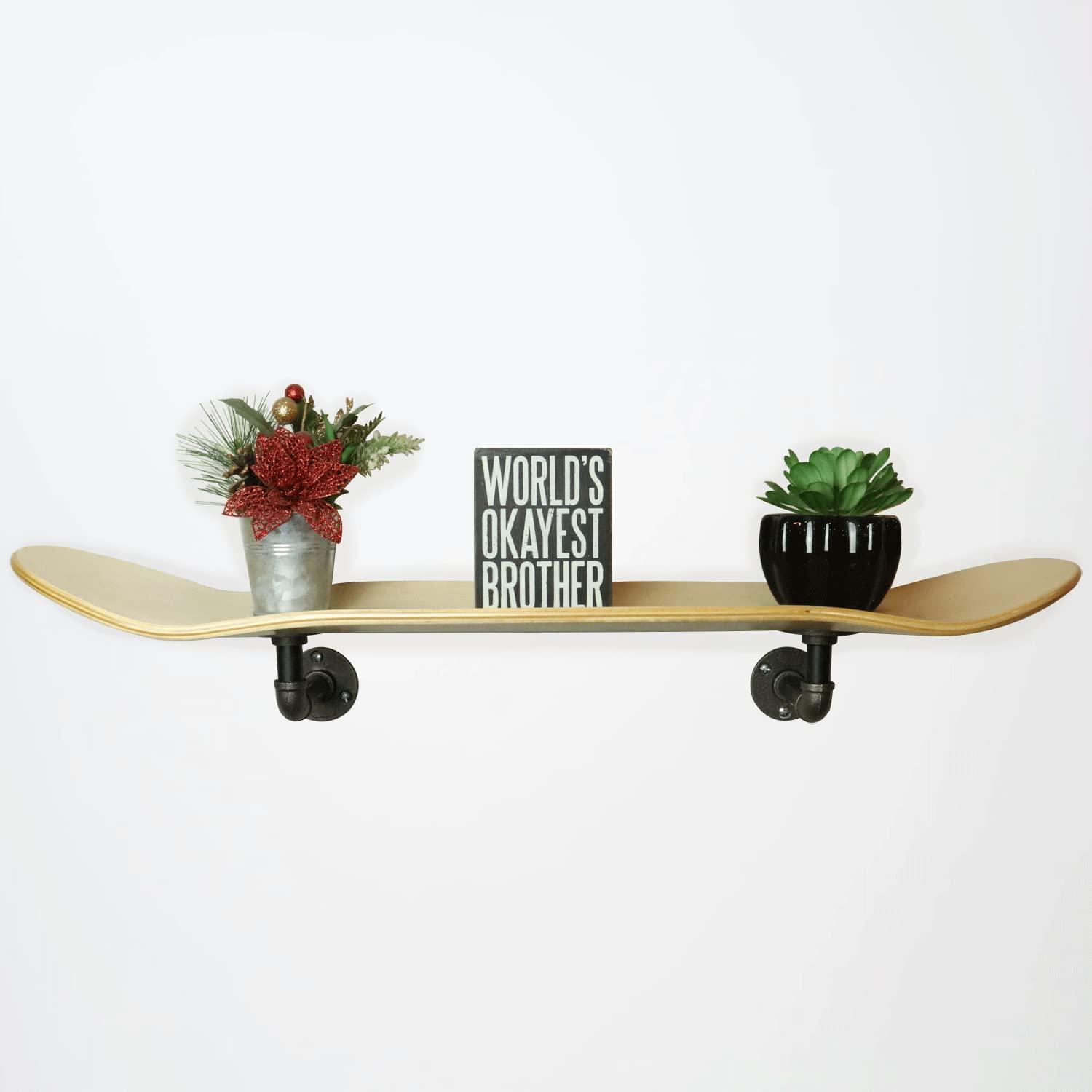 TGM Skateboards Floating Industrial Style Skateboard Deck Shelf with Pipe Mounting System Custom Made Indoor Skate Shelving - Maple Wall Mount - 7.75" Stained Green Bottom