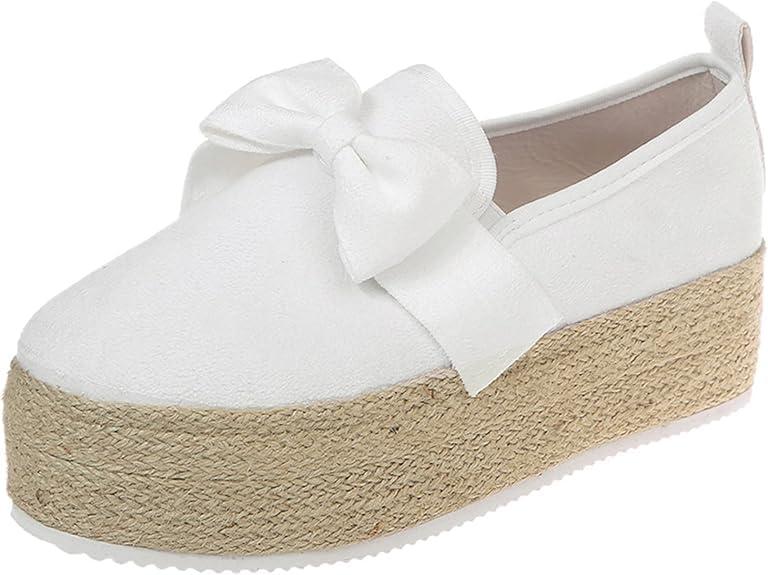 Hbeylia Hbeylia Espadrilles Platform Sneakers For Women Fashion Bowknot Round Toe Chunky Bottom High Heels Canvas Shoes Anti Slip Trendy Slip On Walking Loafers for Outdoor Travel