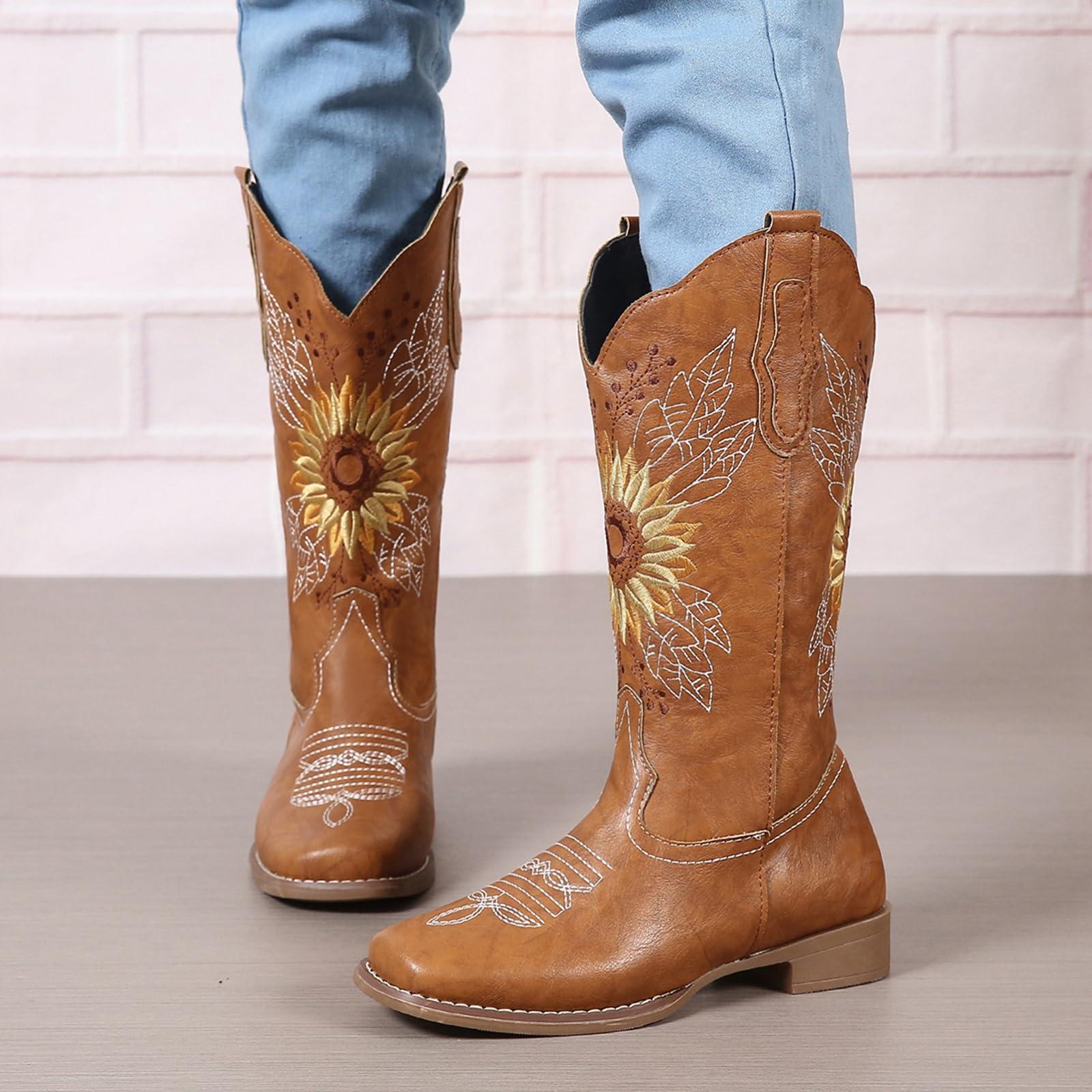 ZBYY ZBYY Womens Embroidered Sunflower Cowboy Cowgirl Boots Retro Square Toe Western Boots Chunky Heels Mid Calf Boots