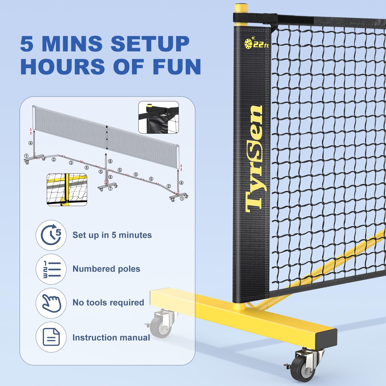TYRSEN TYRSEN Pickleball Net Set - Pickleball Net on Wheels for Driveway Backyard, 22FT Regular Size, 4 Fiberglass Paddles & 6 Balls, 12 Court Markers, Portable Pickle Ball System with Carry Bag