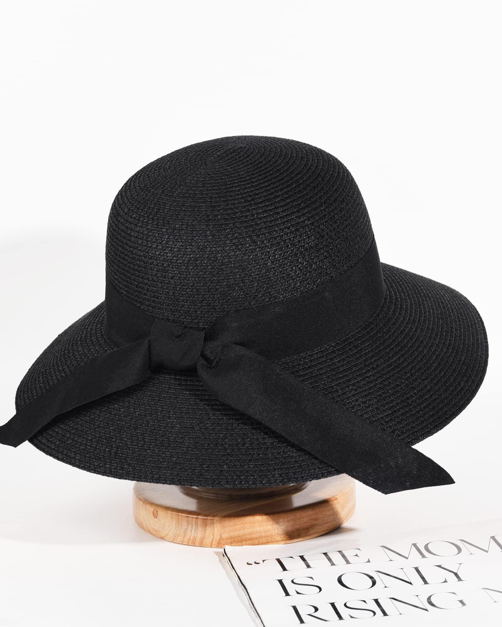 FURTALK FURTALK Womens Beach Sun Straw Hat UV UPF 80+ Travel Foldable Brim Summer UV Hat Black