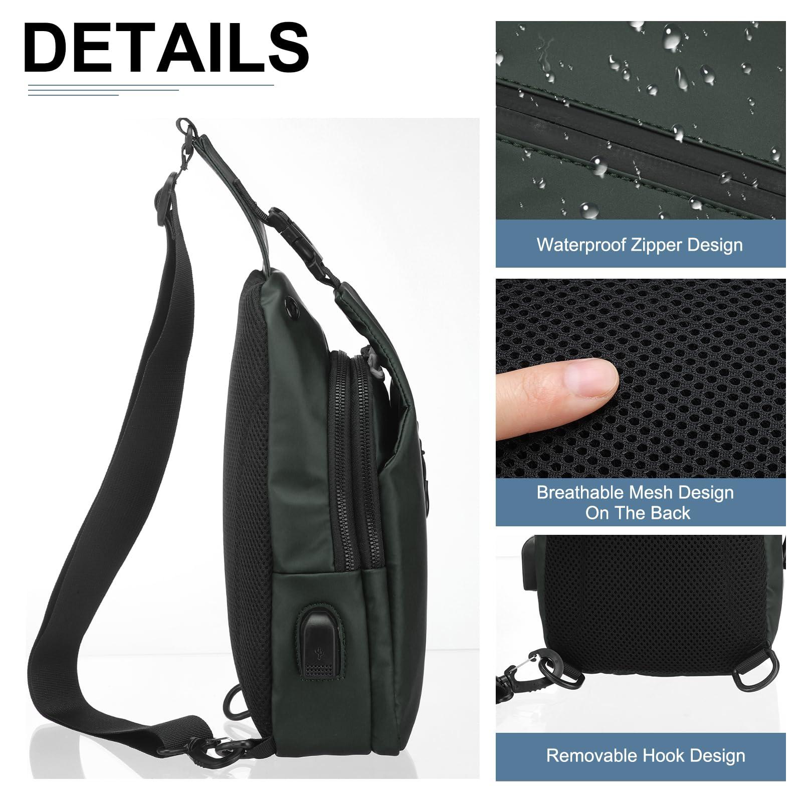 DTGN DTGN PU Sling Bag Crossbody Backpack - 6.69"x11.81" (LXH) Good for Women Men Hiking Travel - Multipurpose Casual Packs Shoulder Bags with Headphone Jack - USB Charge Port - Green
