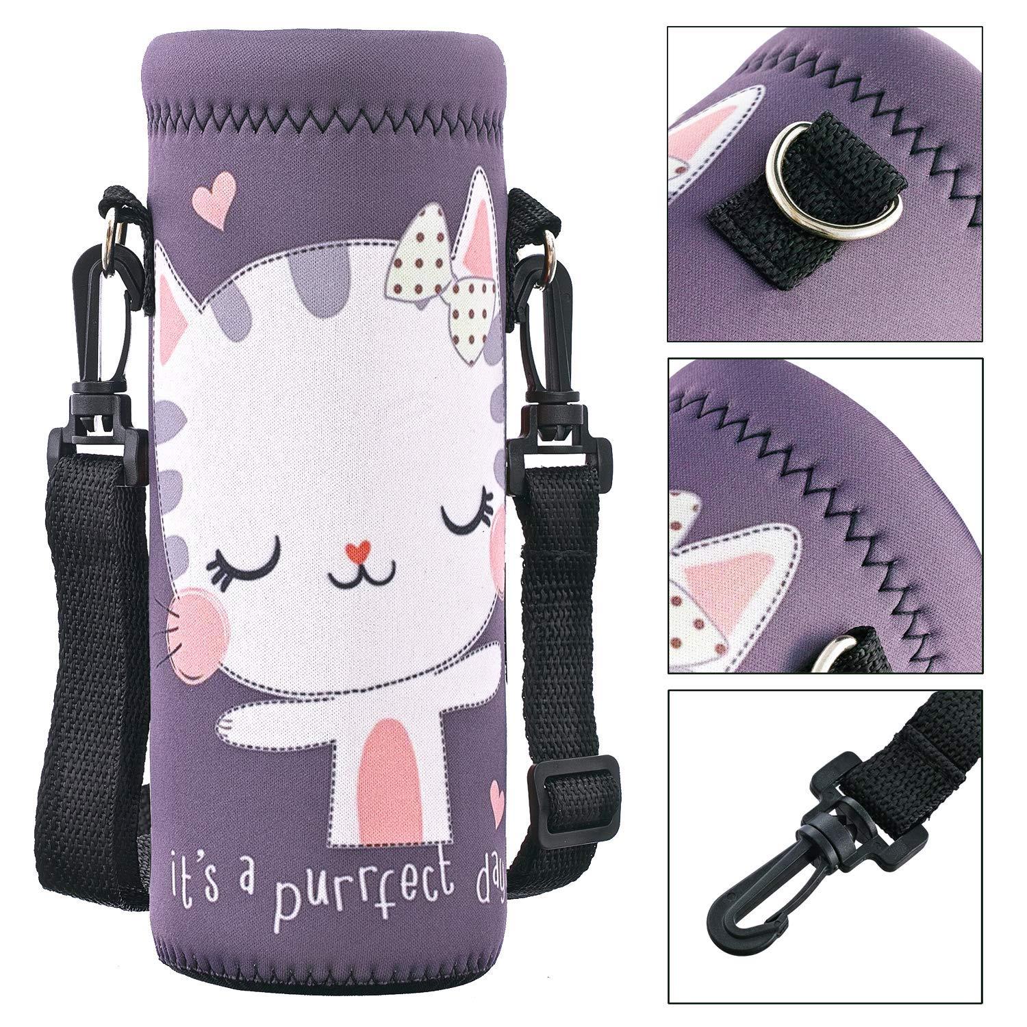 RICHEN RICHEN Neoprene Water Bottle Carrier Bag with Adjustable Shoulder Strap,Insulated Water Bottle Cover for 1000ml/32oz Stainless Steel/Glass/Plastic Bottles (Cute Cat,1000ML)