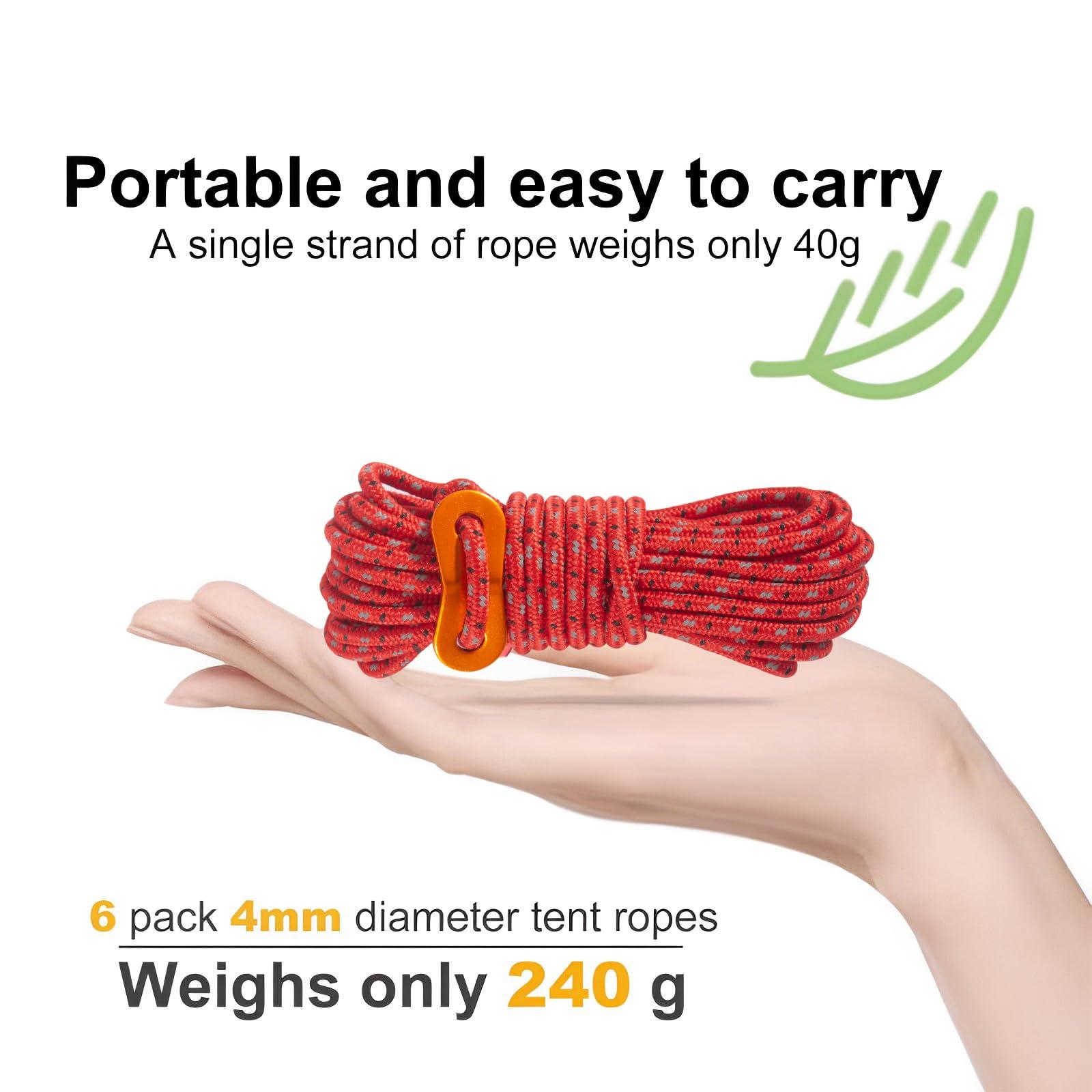 Smithok Smithok 16.4ft 6 Pack 4mm Guy Lines Ultralight Tent Cords with Aluminum Adjuster Tensioner Outdoor Camping Guylines Ropes for Tent Tarp,Climbing,Hiking Backpacking (Red)