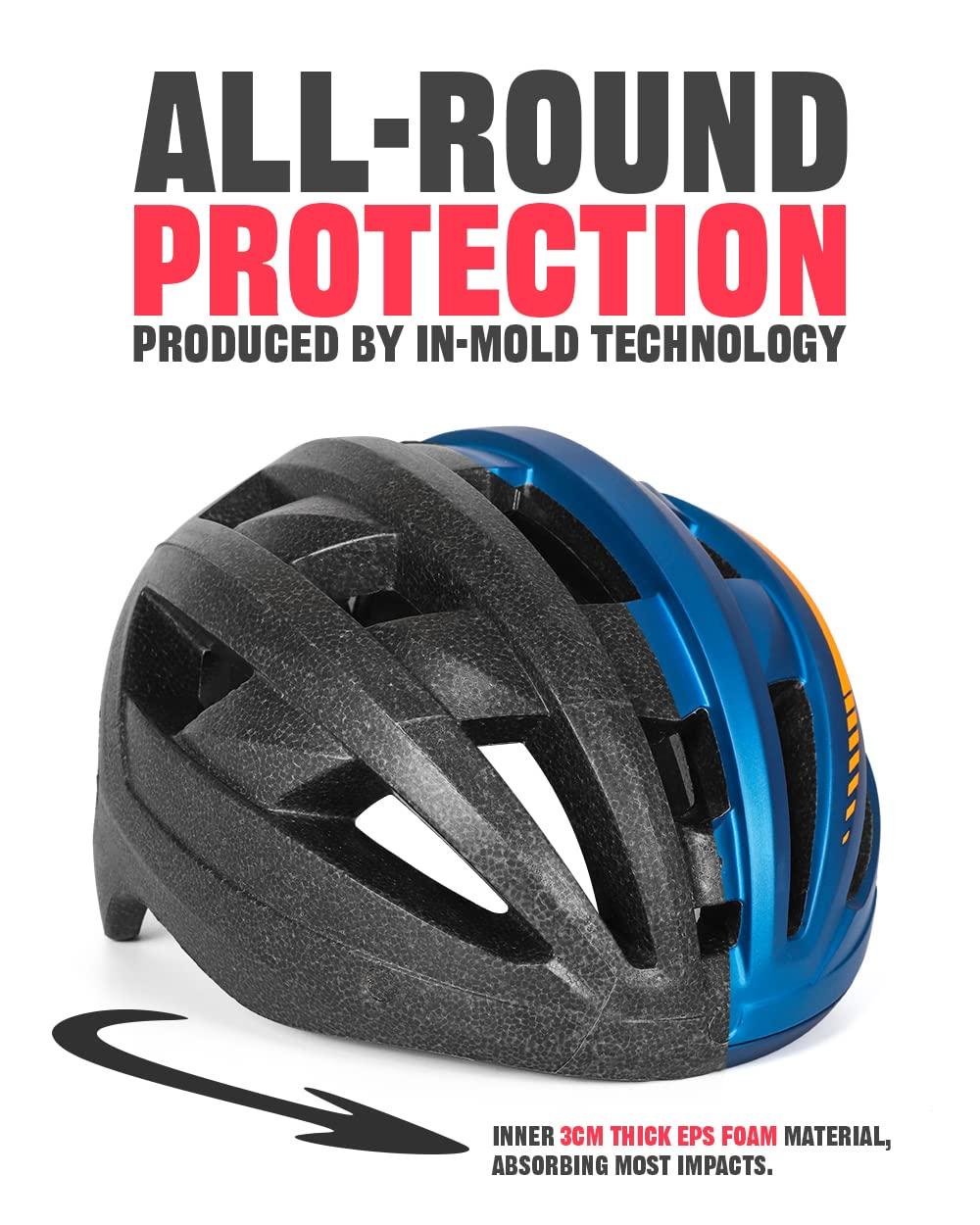 VICTGOAL VICTGOAL Bike Helmet with USB Rechargeable Rear Light Detachable Magnetic Goggles Removable Sun Visor Mountain & Road Bicycle Helmets for Men Women Adult Cycling Helmets (L: 57-61 cm, Blue)