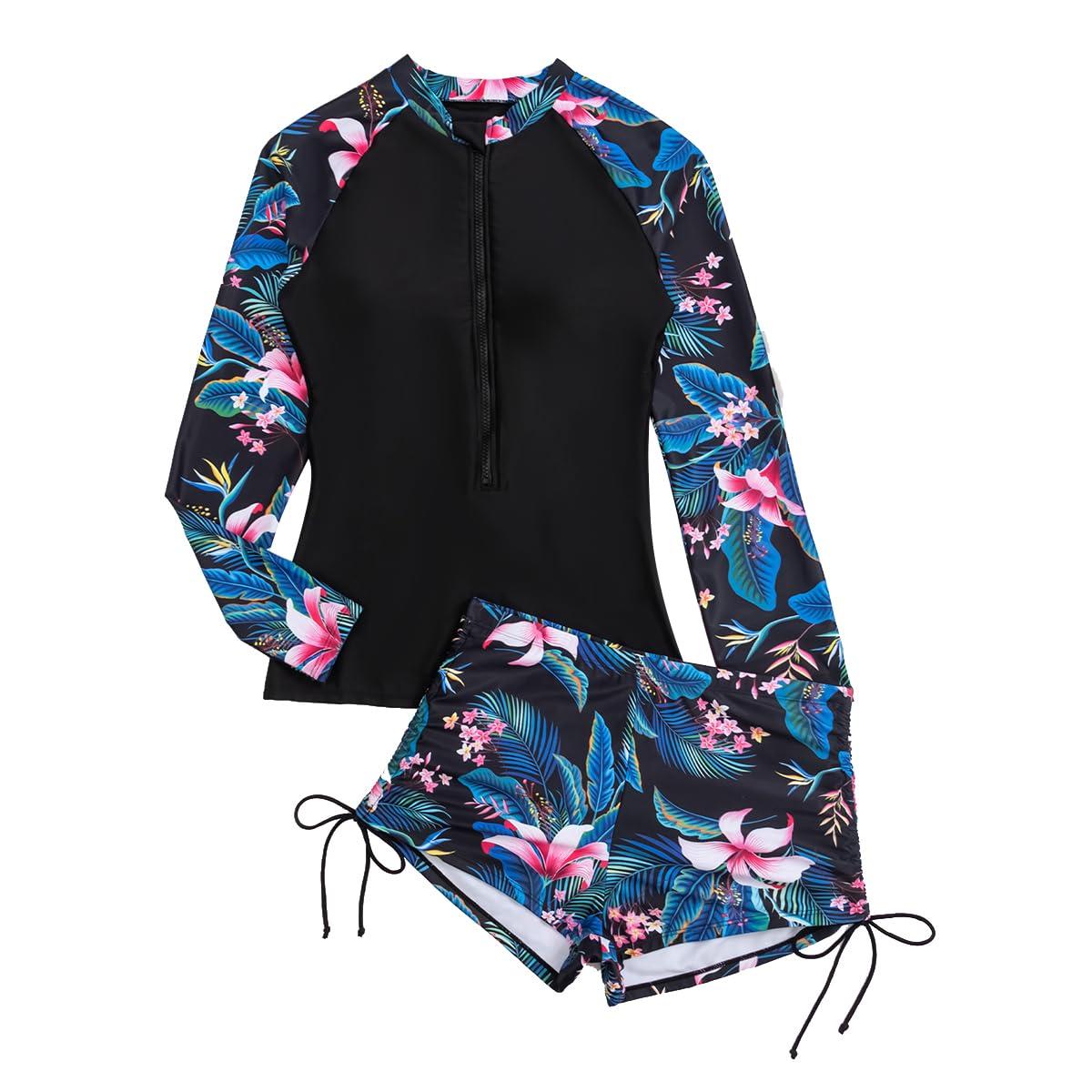 ODIZLI Surfing Swimsuits for Women Two Piece Rash Guard UPF50+ Sun Protection Long Sleeve Zip Front Swimsuit Top with Boyshorts Swim Shirt Womens Bathing Suits for Diving Swimming Black Pink XL