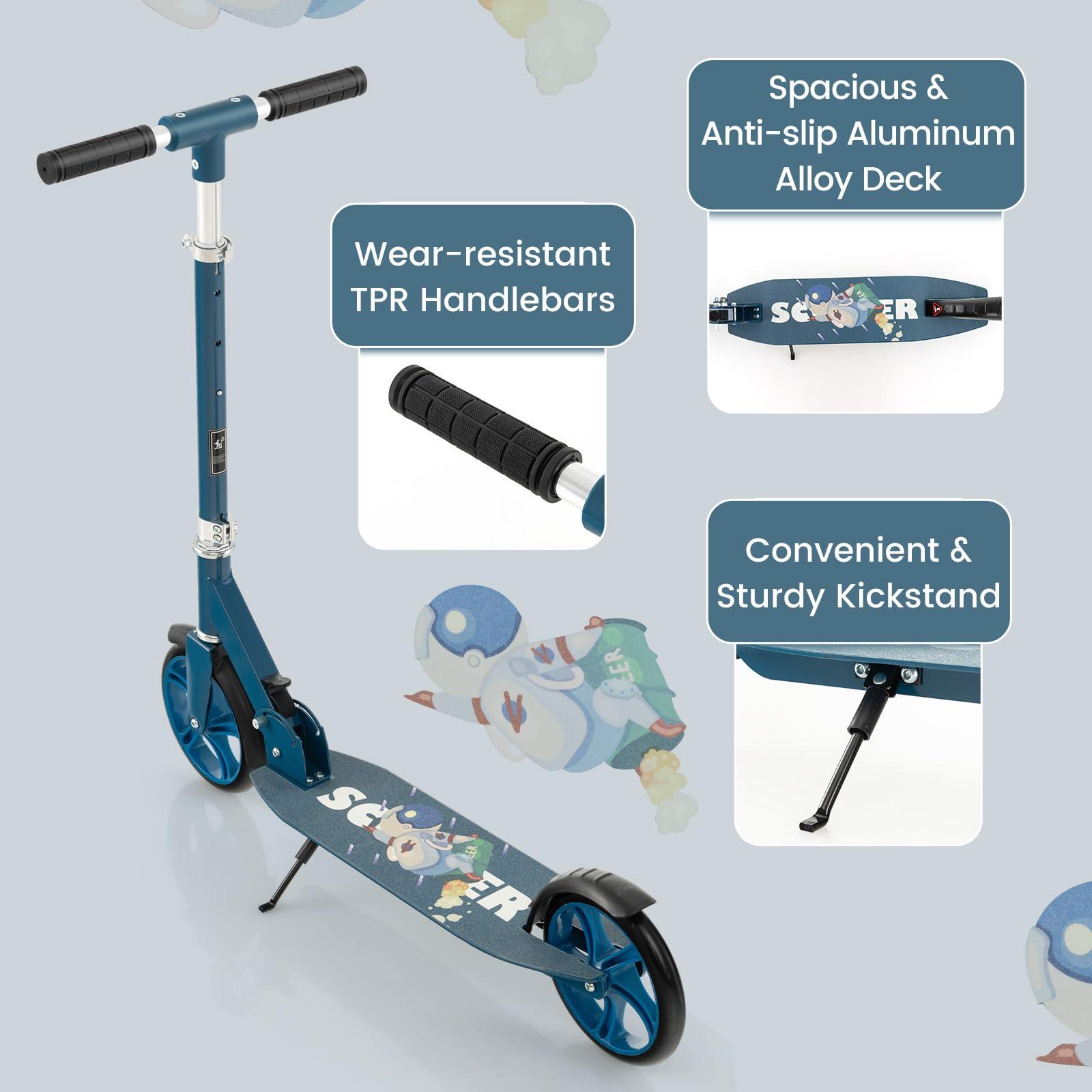 Costzon Costzon Kick Scooter for Kids Ages 8+, Foldable Kids & Adults Scooter with 8-inch Big Wheels, 3 Adjustable Heights, Max Load 220 LBS, Portable Scooters for Teens Boys Girls Gifts Presents (Blue)