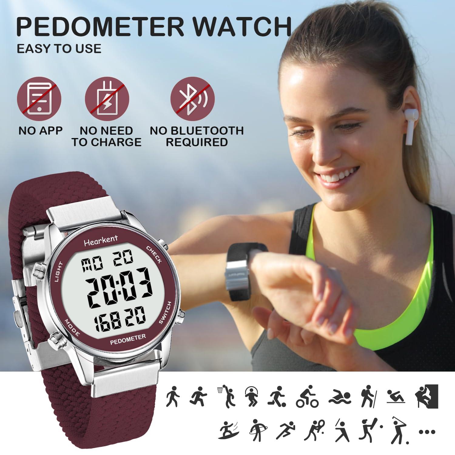Hearkent Ladies Pedometer Watch for Walking-Step Tracker Watch with Calories Counter-Non Bluetooth Pedometer Watches-LCD Large Numbers-30M Waterproof Watch-Wrist Watch Step Counter for Women(Red)