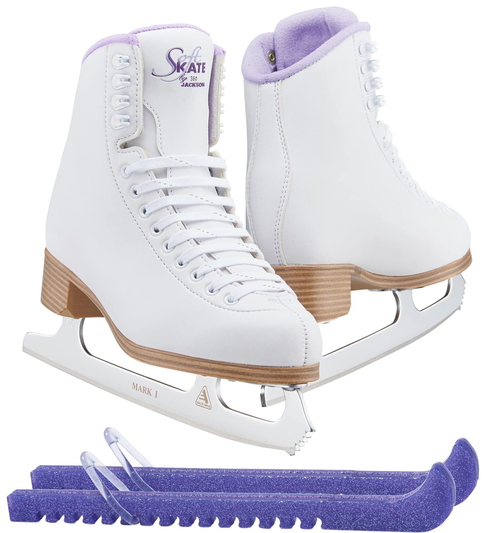 SKATE GURU Jackson Classic JC380 Purple Lining Figure Ice Skates - Womens 7 - Bundle with Skate Guards