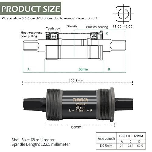 Thinvik Thinvik Square Tapered Bottom Bracket - 68mm English BSA Compatible with Shimano BB-UN26/BB-300/BB-100/BB-101, 68mm x 108 110 113 116 118 122.5 127
