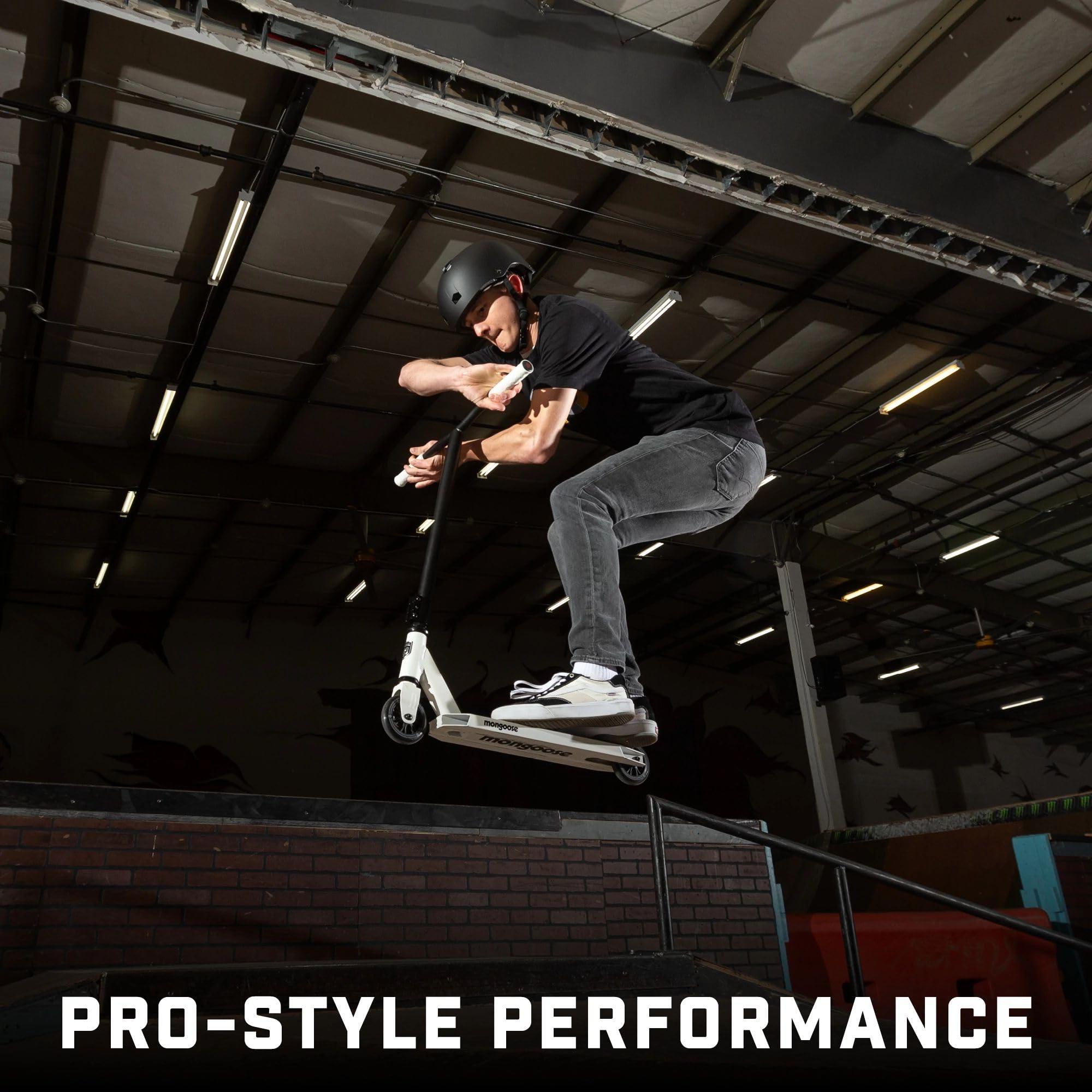 Mongoose Mongoose Rise 100 Freestyle Stunt Trick Scooter, Lightweight Alloy Deck & Heavy-Duty Frame Up to 220 lbs., Bike-Style Grip, High Impact 100mm Wheels, White/Red