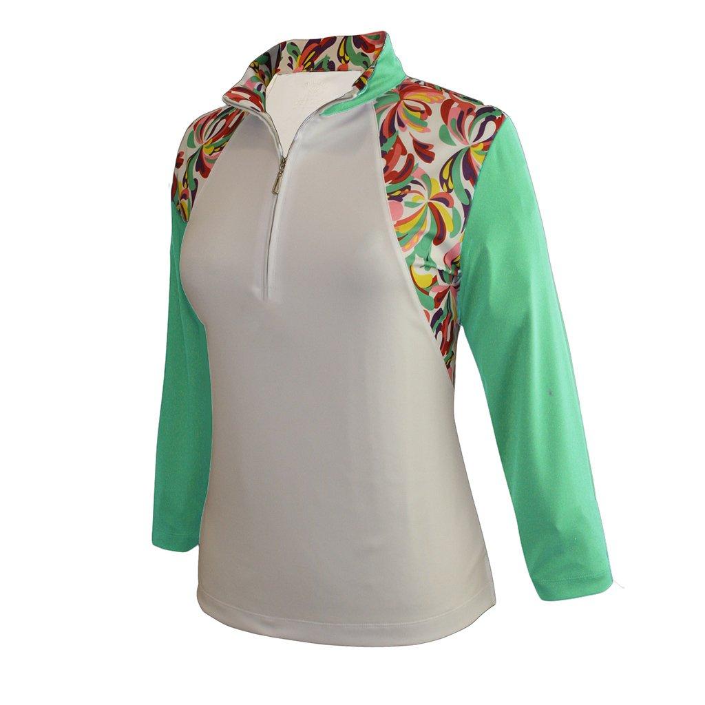 Monterey Club Monterey Club Women's Fountain Floral Print Block 3/4 Sleeve Zip Top #2347 (White/Spring Bud, Large)