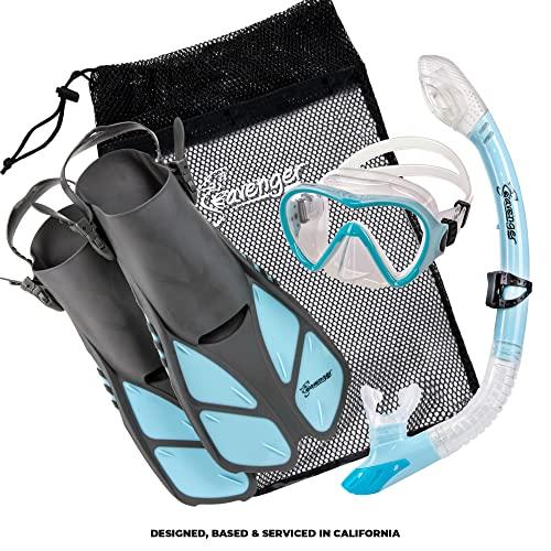 Seavenger Seavenger Diving Dry Top Snorkel Set with Trek Fin, Single Lens Mask and Gear Bag, L/XL - Size 9 to 13, Gray/Dodger Blue