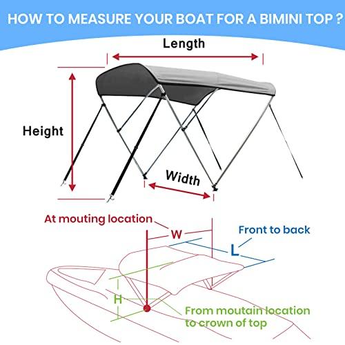 Leader Accessories Leader Accessories Light Grey 3 Bow 6'L x 46" H x 85"-90" W Bimini Top Boat Cover Includes 4 Straps 2 Rear Support Poles Mounting Hardwares Storage Boot with 1" Aluminum Frame
