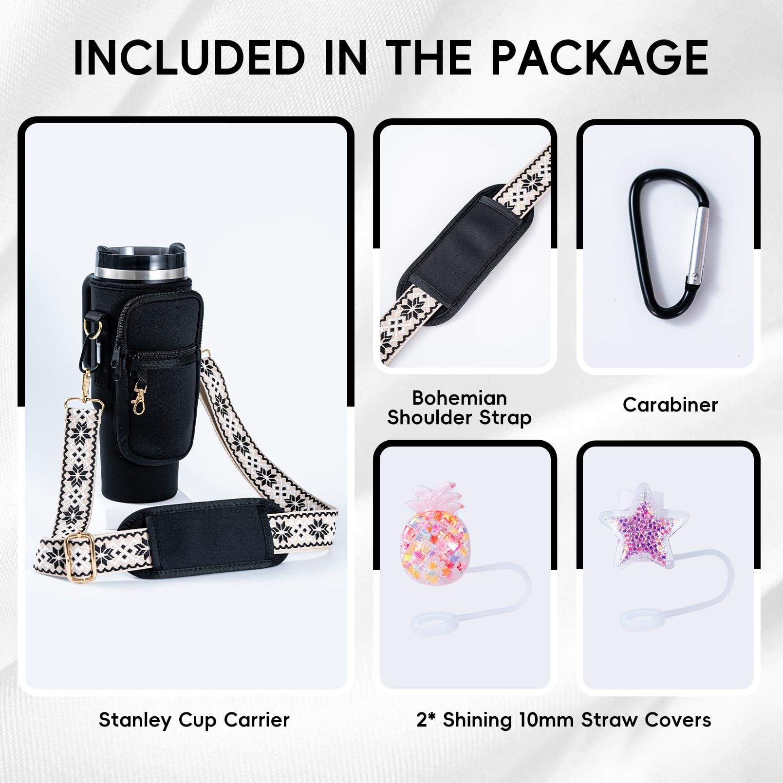 SWANSWIFT SWANSWIFT Upgraded Stanley Cup Carrier Bag Accessories for 40oz/30oz with Phone Pocket Tumbler Water Bottle Holder with Adjustable Strap with 2 Straw Covers &1 Carabiner (Black)