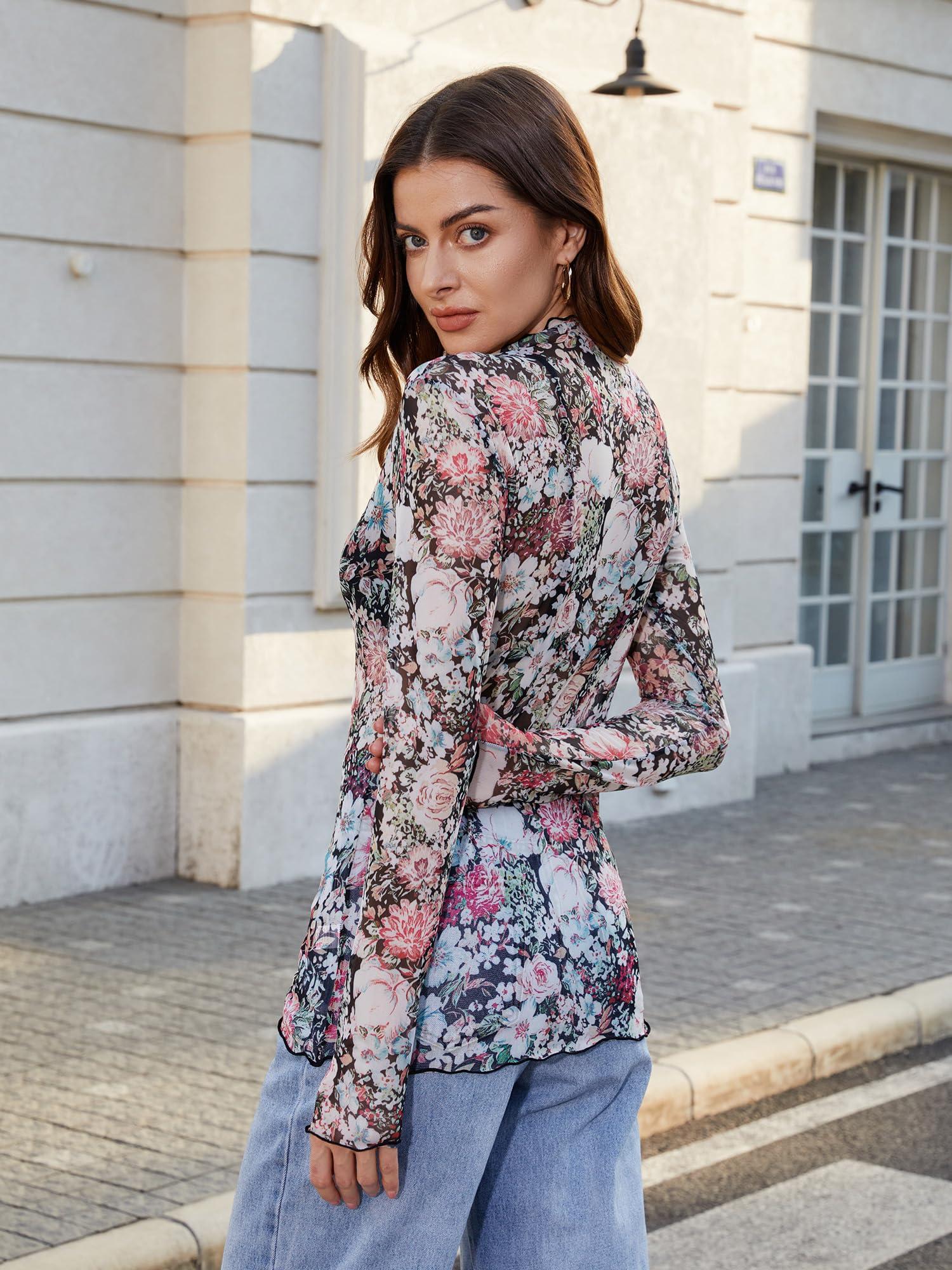 MOHHOM MOHHOM Lace Tops for Women Long Sleeve Mesh Top Mock Neck Sheer Blouse See Through Lace Shirt Layering Top(Floral Pink, Medium)