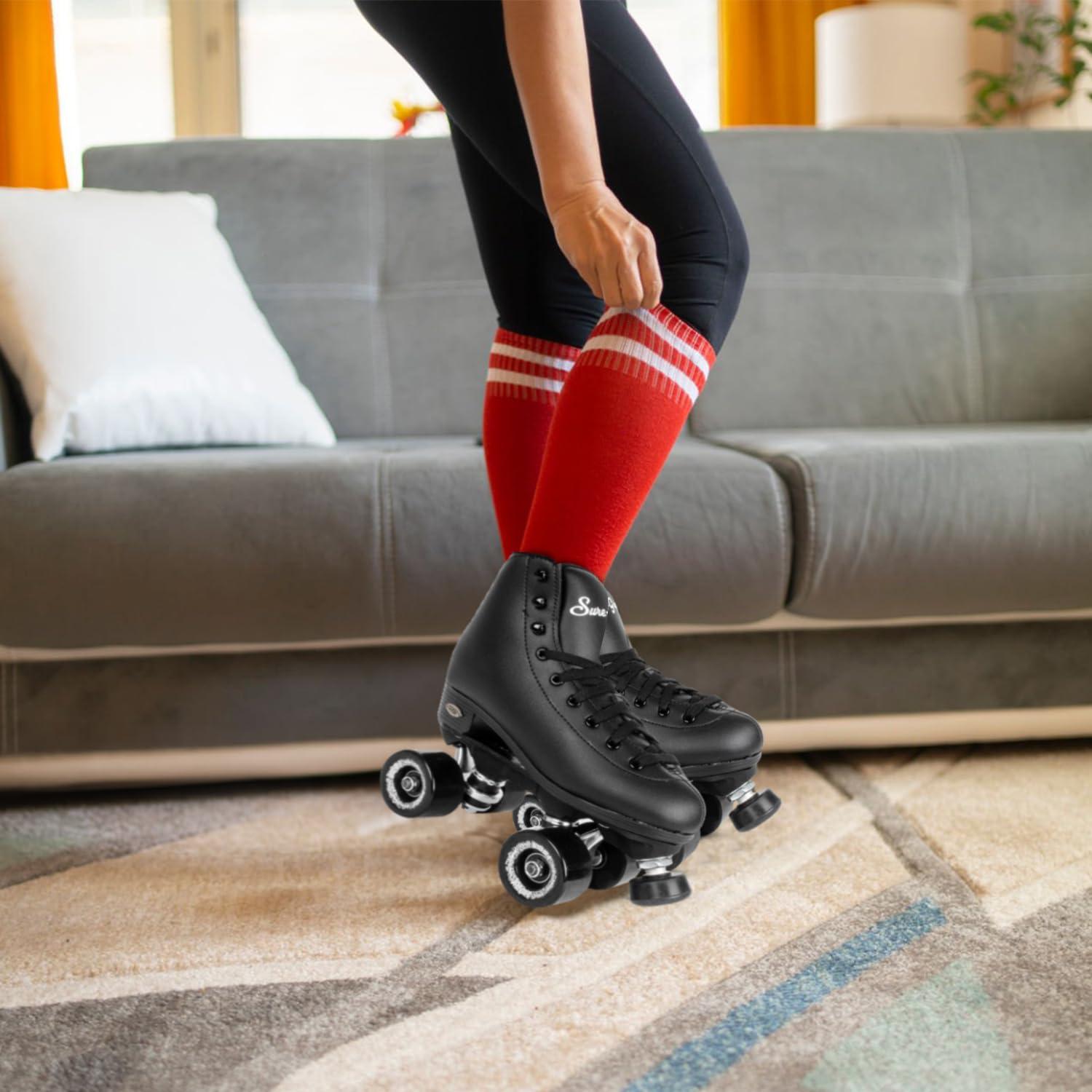 Sure-Grip Sure Grip Fame Men & Women Premium Roller Skates Black Leatherette | Stylish Skates for Indoors - Double Structure, Stronger Grip, Extra Long Laces - Suitable for Beginners