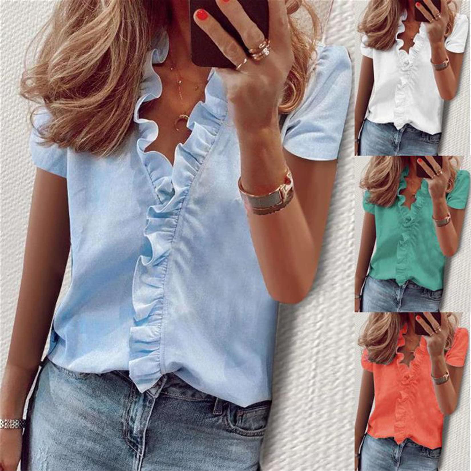 NineFit Basics Andongnywell Women Solid Color Shirts Ruffle Neck Collar Bow Blouse Short Sleeve Shirt Tops Tops Blouses (Blue,XX-Large,)