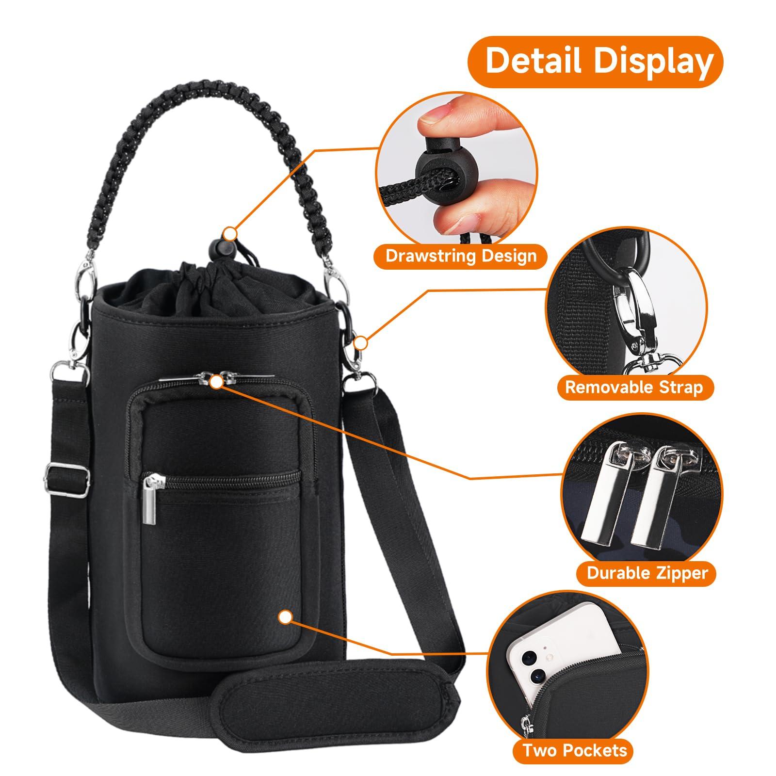 AceTreker AceTreker 64 oz /87 oz/128 oz Neoprene Water Bottle Sleeve for Insulated Metal Water Jug Bottles, Carrier Sling Bag with Adjustable Shoulder Strap & Paracord Handle and 2 Pocket for Walking-Black