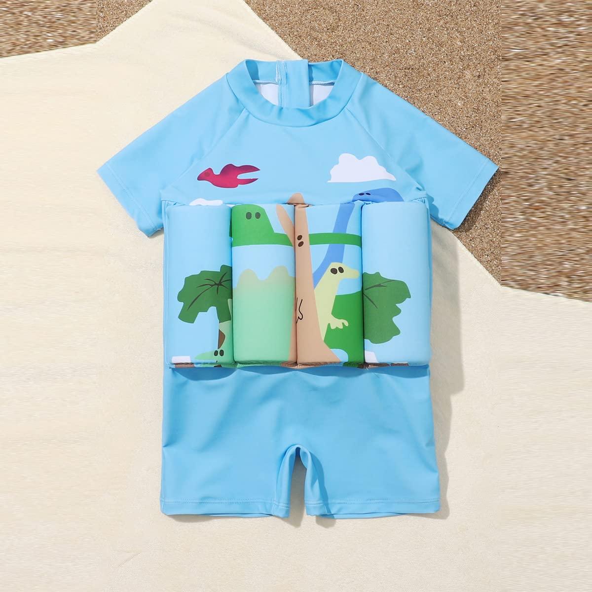 IDOPIP Kids Baby Boy Girl Float Suit with Adjustable Buoyancy Floatation Swimsuit Floating Swimwear Bathing Suit Toddler Float Swim Vest with 8 Removable Buoyancy Stick Blue Dinosaur + Cloud 2-3 Years