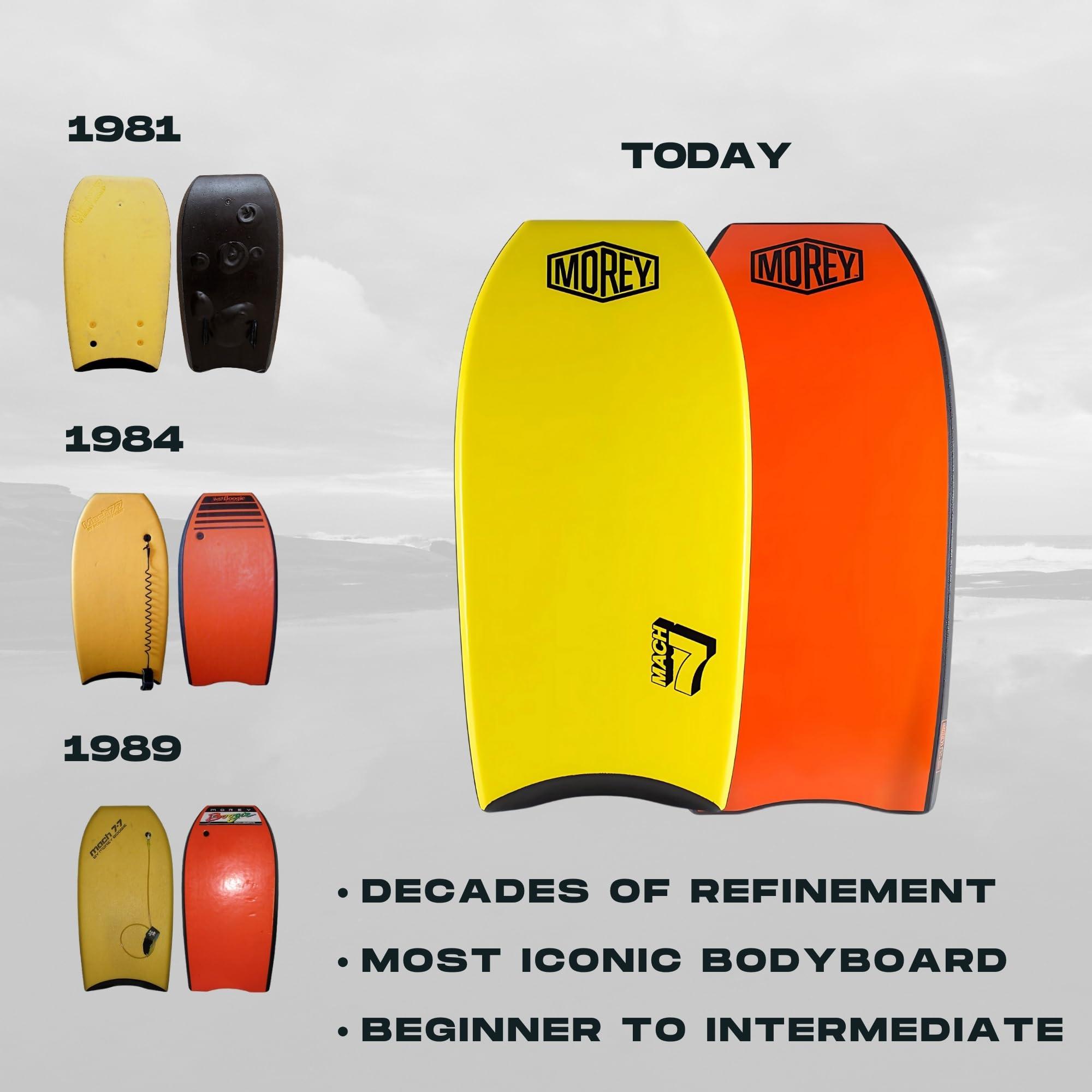 Morey Morey Mach 7 Bodyboard - PE Core, TC8 Deck, HDPE Slick, Single Power Rod Stringer, Crescent Tail, with Channels for Bodyboarding Surfing Waves Ocean Summer Fun Beach (42")