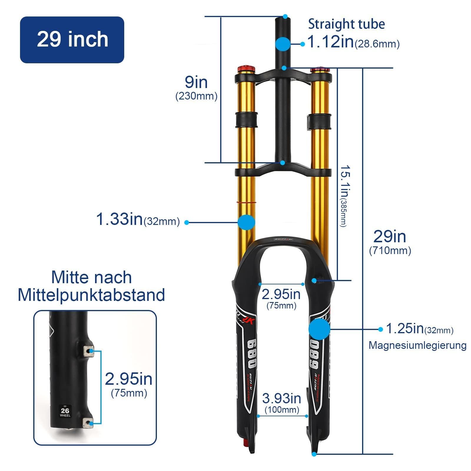 RUJIXU RUJIXU 26 27.5 29 Inch Mountain Bike Suspension Fork Disc Brake Straight/Tapered Manual Lockout Quick Release MTB DH Air Forks with Damping Adjustment Travel 135mm (Color : Black Gold, Size : 29")