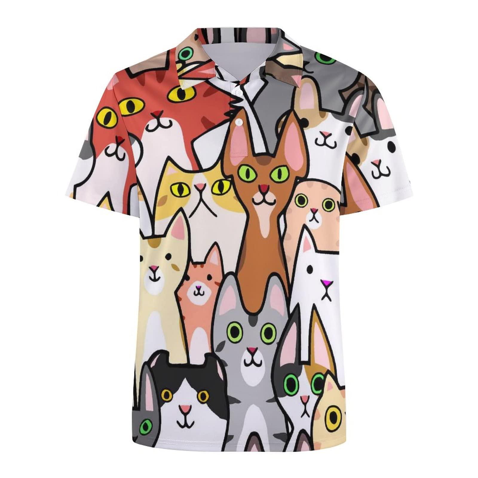 BAIKUTOUAN BAIKUTOUAN Colorful Doodle Cats Faces Men's Golf Polo-Shirt Short Sleeve Jersey Tees Casual Tennis Tops M